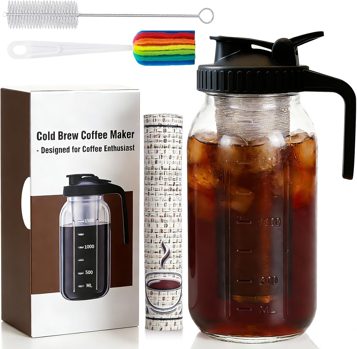 Cold Brew Coffee Maker, 64oz Cold Brew Pitcher with Stainless Steel Filter & Coffee Mat, Glass Cold Brew Mason Jar with Airtight Lid, Cold Brew Brewer Kit Tea Infuser Pitcher, Gifts for Coffee Lovers