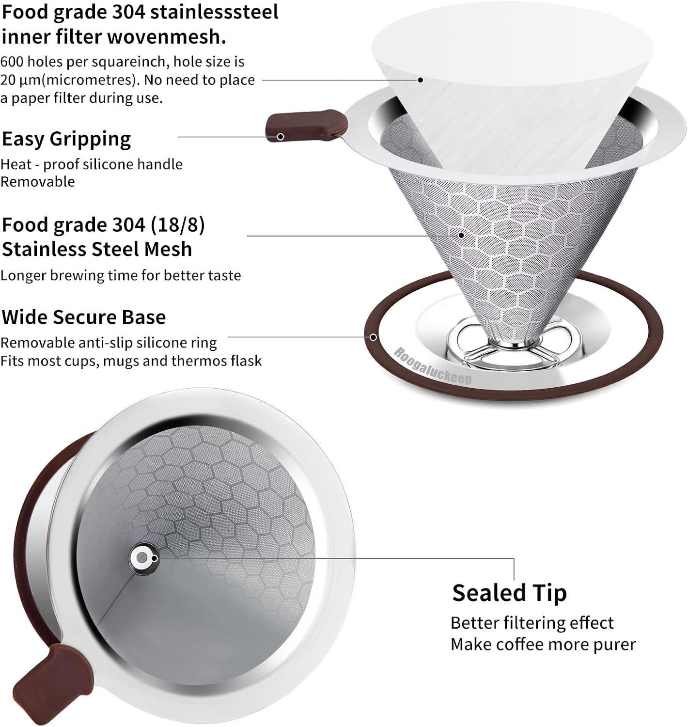 Pour over Coffee Dripper, Stainless Steel Paperless Reusable Coffee Filter, Metal 600 Mesh Strainer Coffee Maker (1-2 Cups) - Image 2