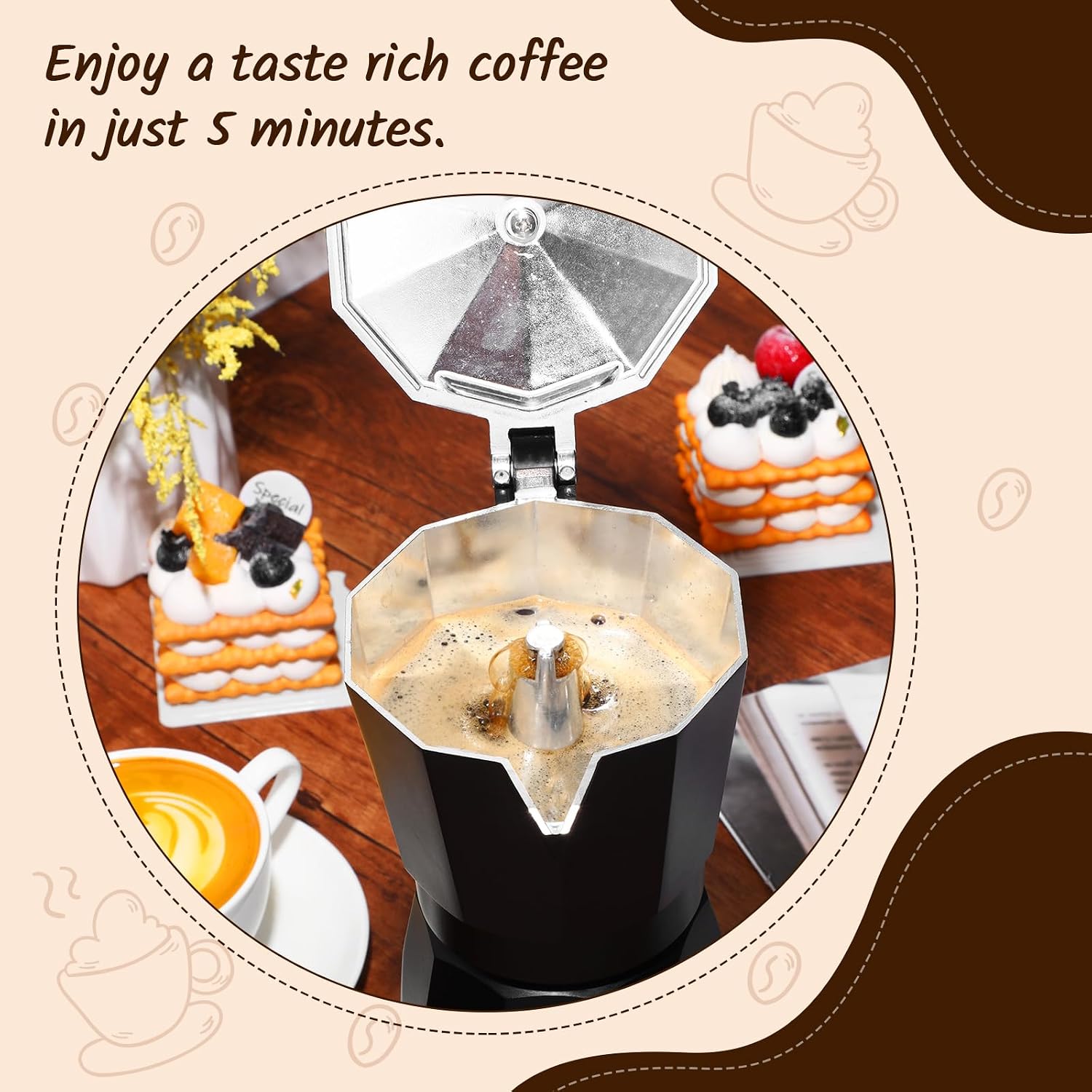 Coffee Pot 6 Cup Electric Espresso Coffee Maker Italian Moka Maker 300ml Portable Aluminum Espresso Machine Cafetera Moka Pot with Detachable Base, Gift for Home Travel(Black) - Image 2