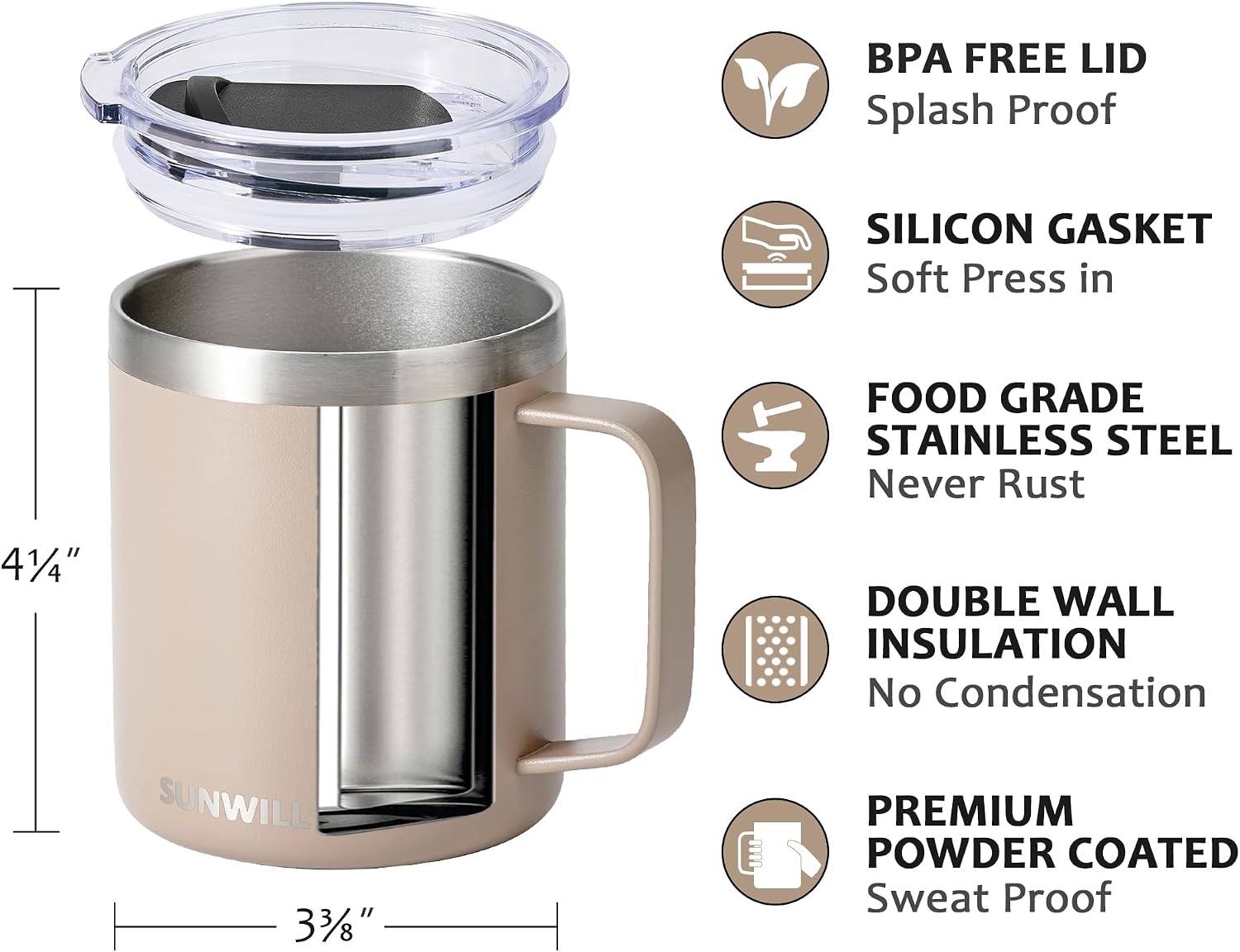 SUNWILL Travel Coffee Mug Set of 2, Insulated Tumbler with Lid, 14oz Stainless Steel Cup with Handle for Camping, Office, Home, Powder Coated Cream & Taupe - Image 3