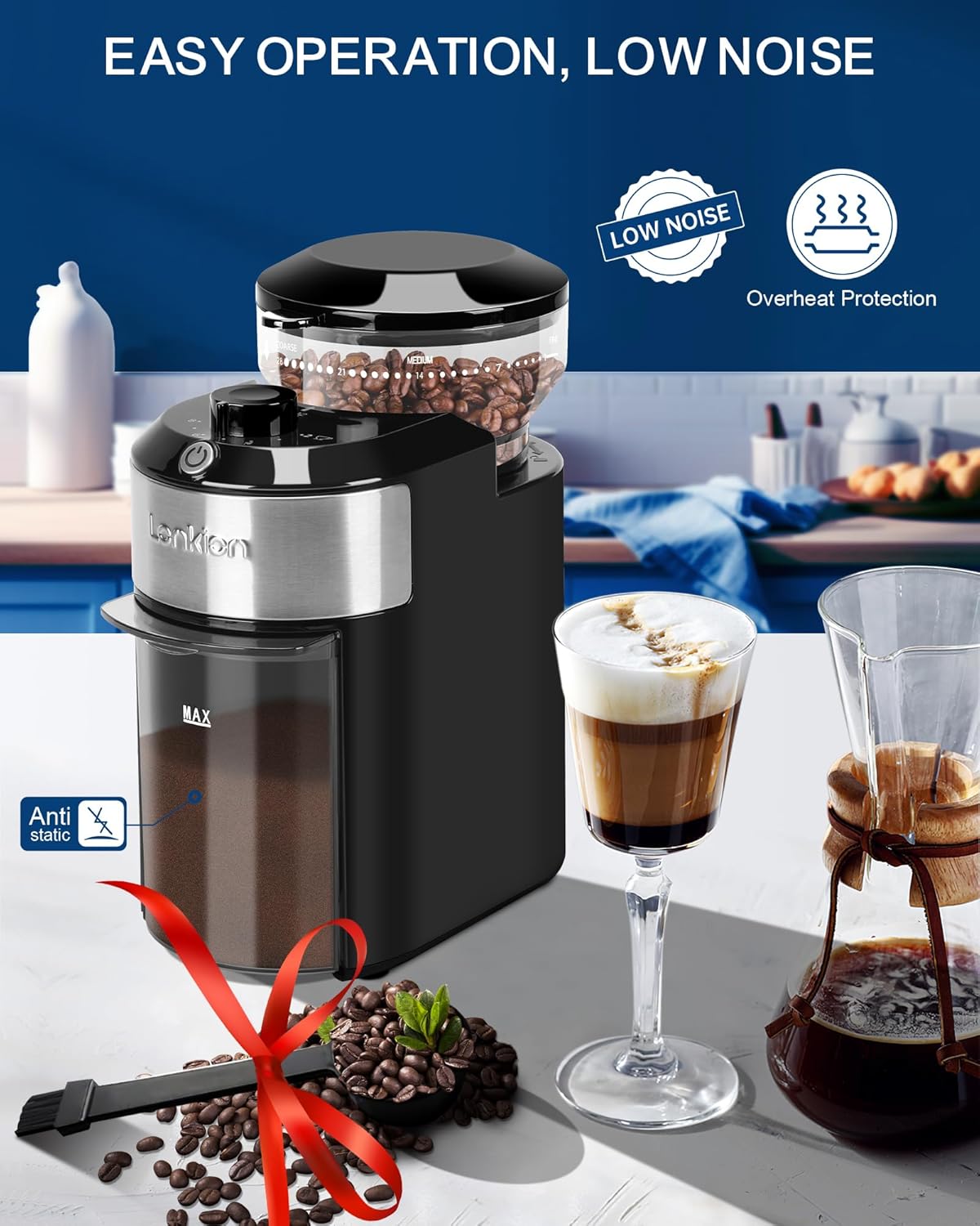 Lonkion Burr Coffee Grinder Electric - Adjustable Burr Grinder with 28 Precise Grind Settings for 12 Cups - Coffee Grinders for Home Use - Professional Coffee Bean Grinder - Stainless Steel - Image 5