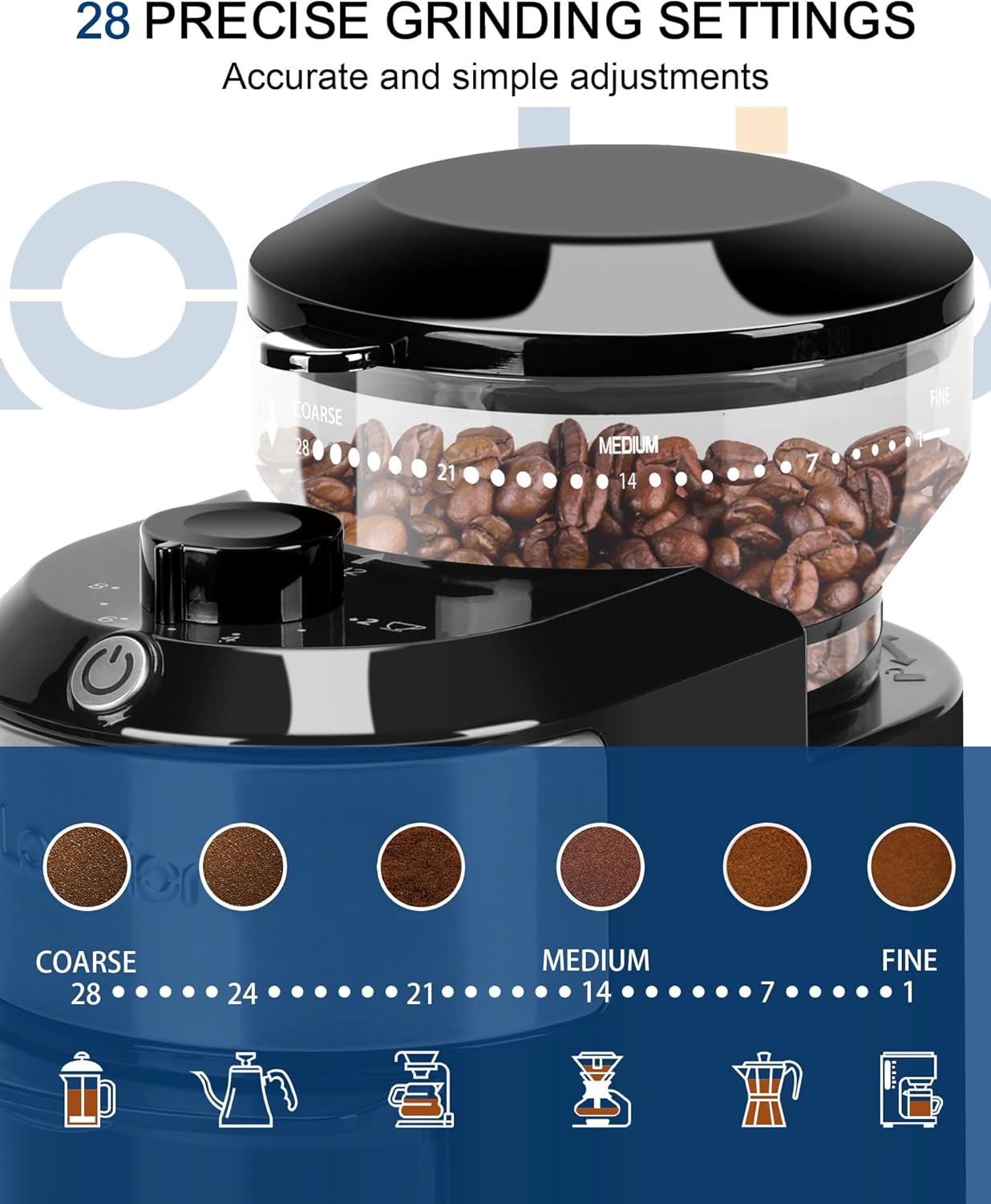 Lonkion Burr Coffee Grinder Electric - Adjustable Burr Grinder with 28 Precise Grind Settings for 12 Cups - Coffee Grinders for Home Use - Professional Coffee Bean Grinder - Stainless Steel - Image 2