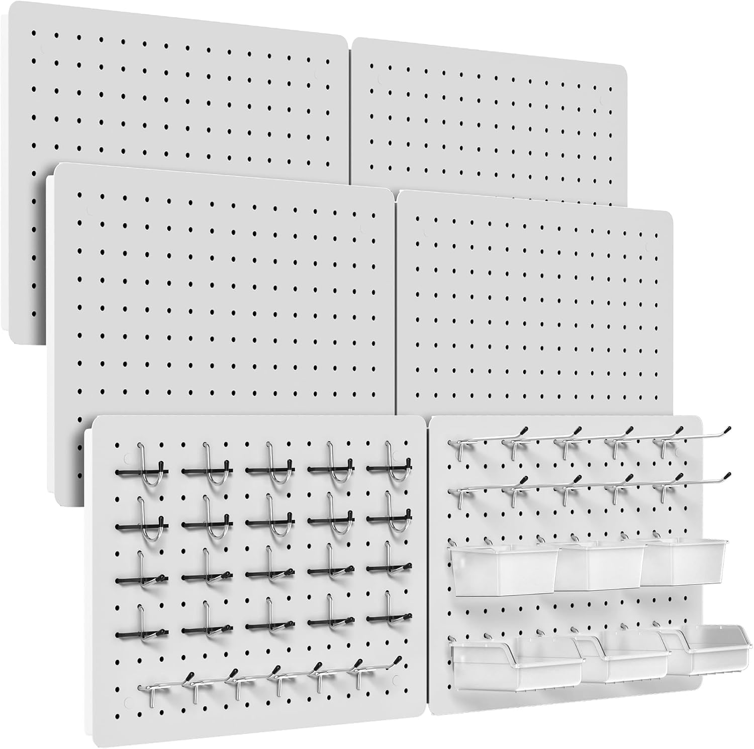 Metal Pegboard for Tools, 6 Pack White Wall Organizer with Hooks | 12"x16" steel panels with 36 hooks, 6 bins and peg locks for garage tools, kitchen, office and craft storage