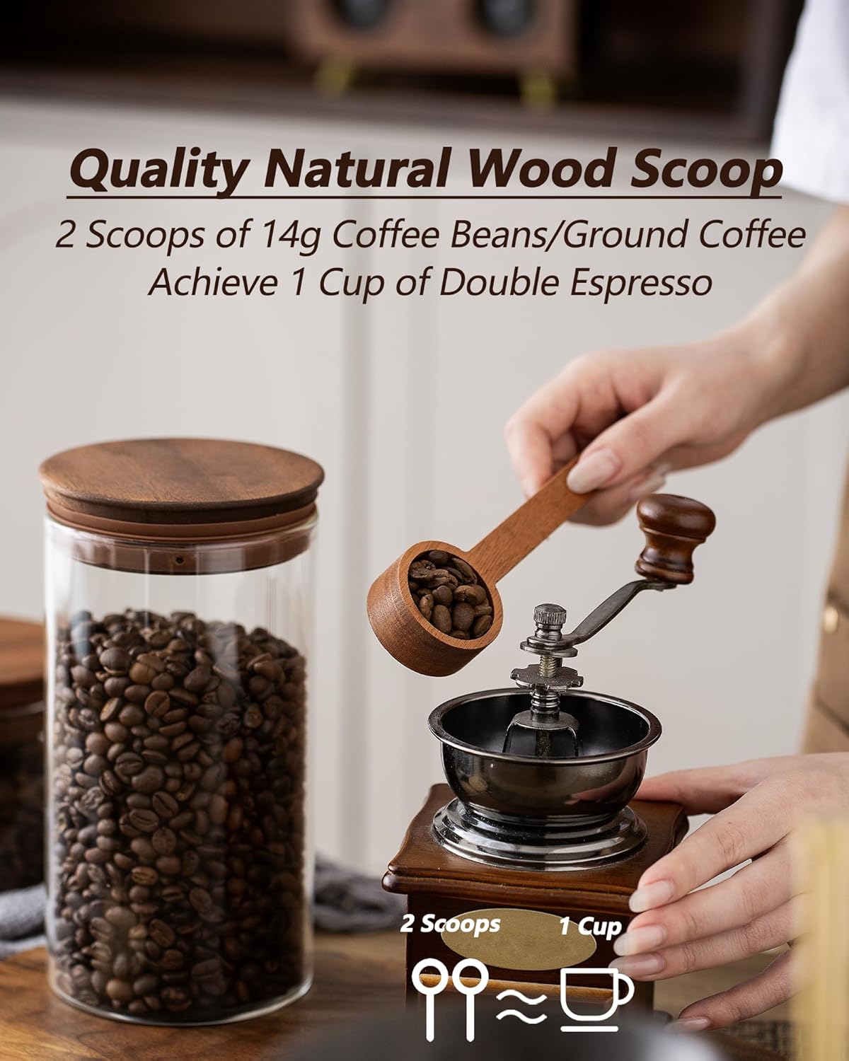 37 oz Coffee Canister with Scoop and Wooden Lids, Airtight Storage Container Sets of 2 for Ground Coffee & Beans, Glass Jars for Coffee Bar Organizer, Kitchen Countertop - Image 4