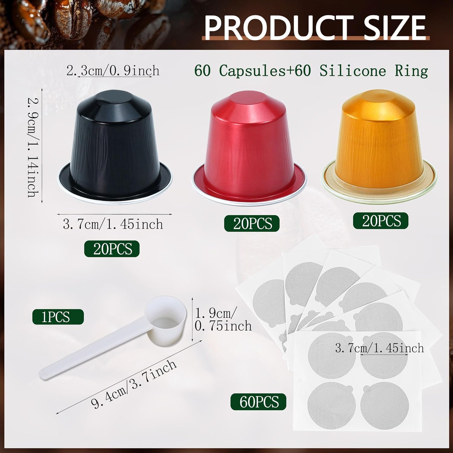 Espresso Capsules Refillable Coffee Pods For Nespresso Original Line,Disposable Aluminum Coffee Filter Capsule,Replacement Pods Kit For Nespresso Machine (60 Foil Seals Lids+60 Pods+1 Spoon) - Image 2
