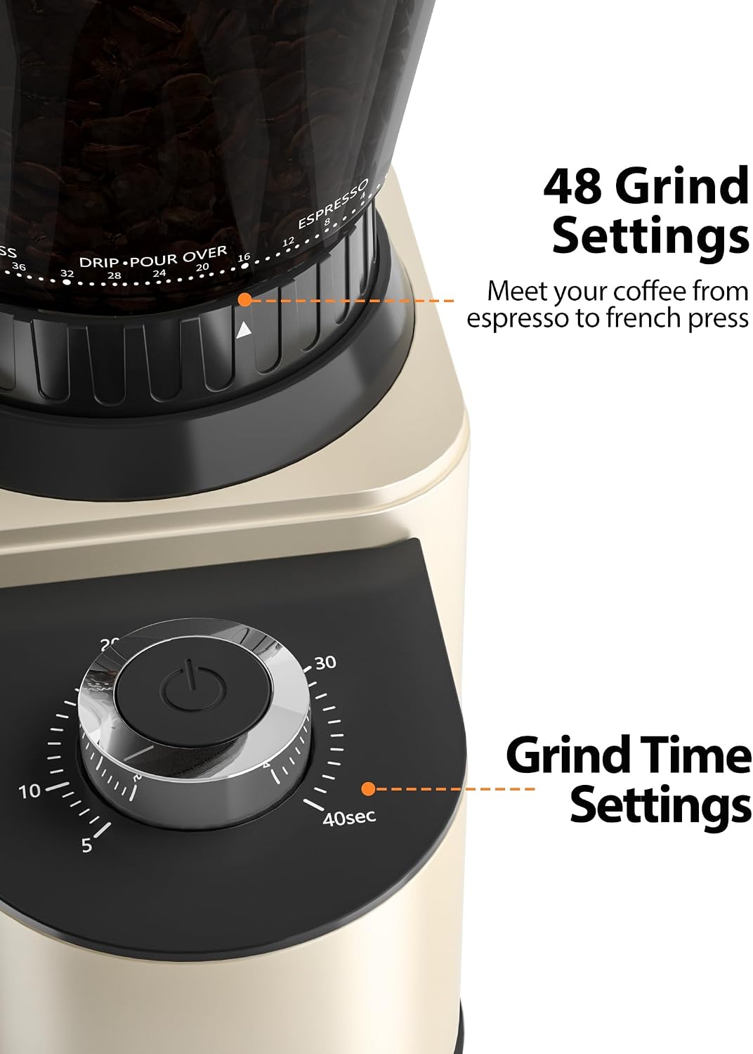 Aromaster Coffee Bean Grinder with 48 Gind Settings, Conical Burr Coffee Grinder for Home Use,Stainless Steel,40 Seconds Adjustable Timer,Anti-static,Easy to Clean with Brush,Beige - Image 2