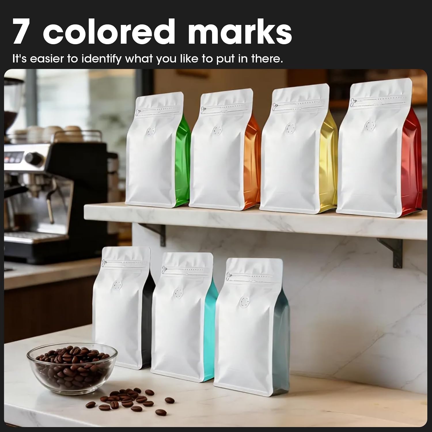 Coffee Bags with Valve(60pcs,16oz,1 lb) Vented Coffee Beans Packaging Bags High Barrier Aluminumed Foil Flat Bottom Heat Sealed Side Zipper Resealable Storage Bag for Home or Business(White+Orange) - Image 5