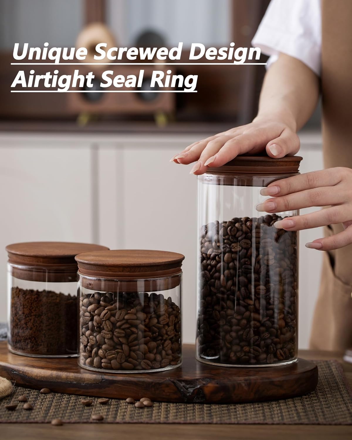 37 oz Coffee Canister with Scoop and Wooden Lids, Airtight Storage Container Sets of 2 for Ground Coffee & Beans, Glass Jars for Coffee Bar Organizer, Kitchen Countertop - Image 5