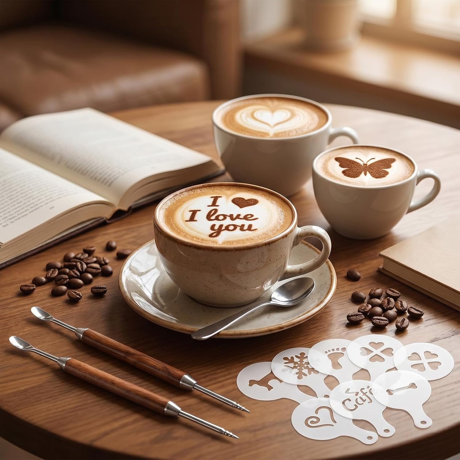 2 Pcs Latte Art Pen with Coffee Art Stencils, Coffee Drawing Tool with Wood Handle for Creating Professional Espresso Tools for Home & Cafe Use - Image 6