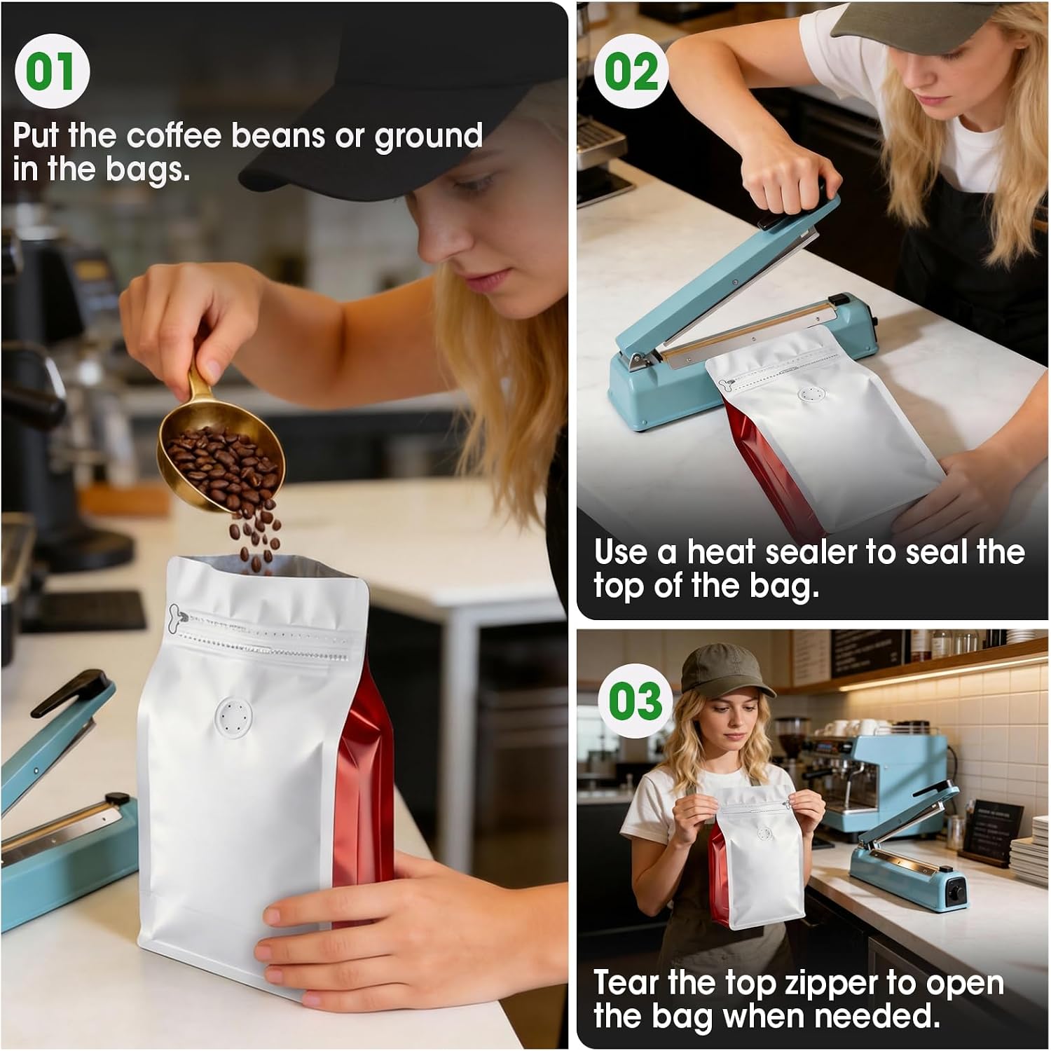 Coffee Bags with Valve(60pcs,16oz,1 lb) Vented Coffee Beans Packaging Bags High Barrier Aluminumed Foil Flat Bottom Heat Sealed Side Zipper Resealable Storage Bag for Home or Business(White+Orange) - Image 4