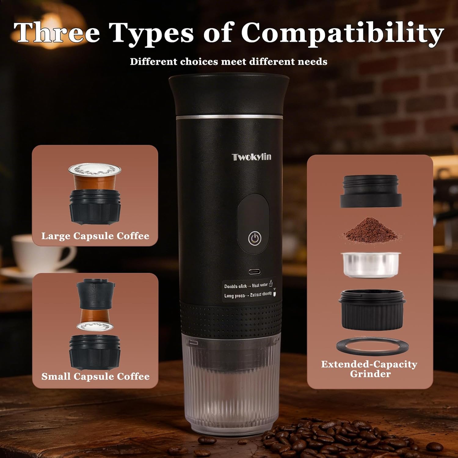 Portable coffee maker Espresso machine,Small battery-powered coffee cup Self-heating portable espresso capsule machine,3-IN-1 with ground coffee and capsules Great for hiking and camping - Image 5