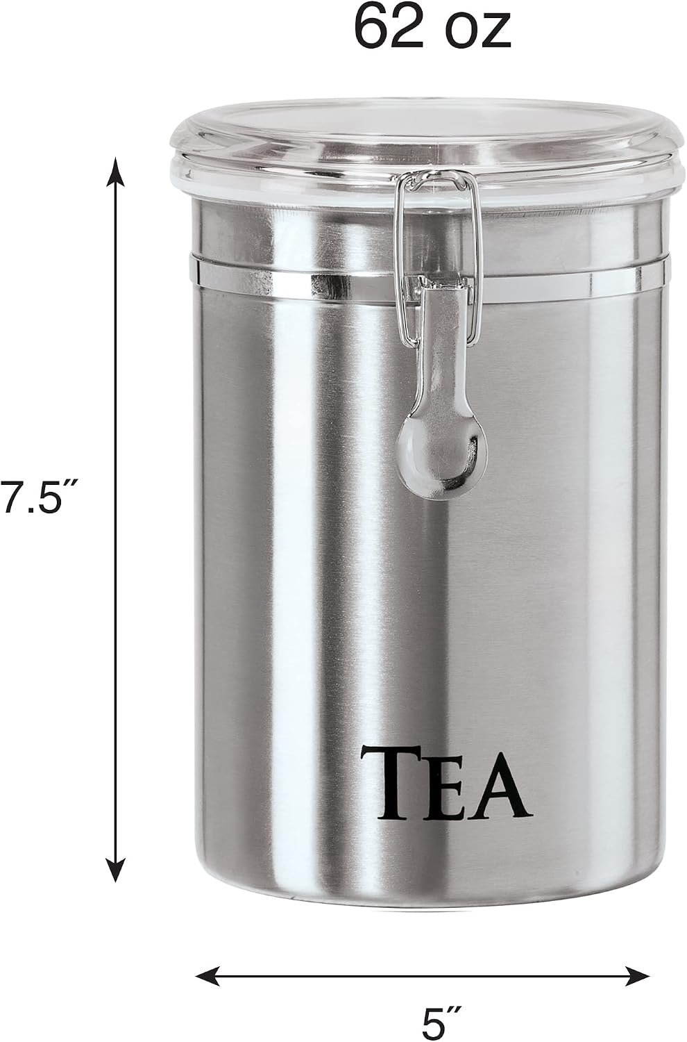Oggi Stainless Steel Tea Canister 62 fl oz - Airtight Clamp Lid, Clear See-Thru Top - Ideal for Tea Bag, Loose Tea, Kitchen Storage, Pantry Storage. Large Size 5" x 7.5". - Image 2