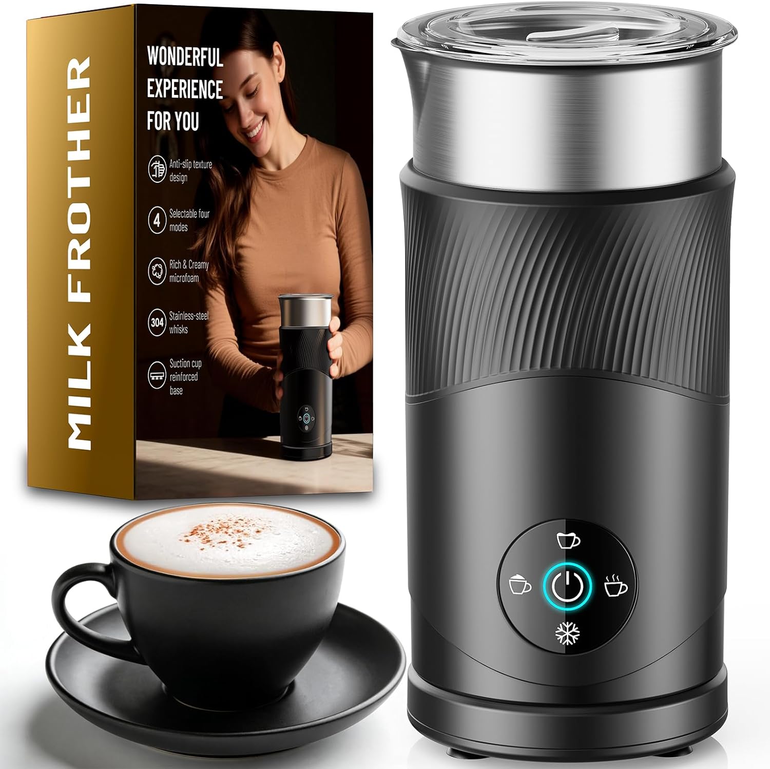 Large Capacity Milk Frother: 4-in-1 Electric Milk Steamer 350ml, 7700RPM High Speed, 120s Fast Frothing, 𝐇𝐨𝐭 & 𝐂𝐨𝐥𝐝 Foam Maker, Helpful Stainless Steel for Latte - Grayish Black