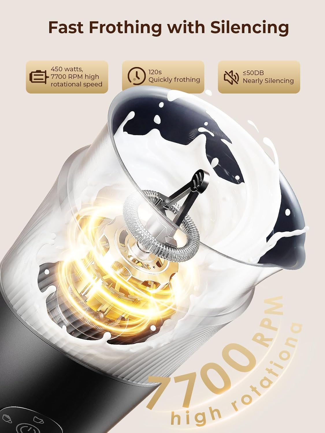 Large Capacity Milk Frother: 4-in-1 Electric Milk Steamer 350ml, 7700RPM High Speed, 120s Fast Frothing, 𝐇𝐨𝐭 & 𝐂𝐨𝐥𝐝 Foam Maker, Helpful Stainless Steel for Latte - Grayish Black - Image 4