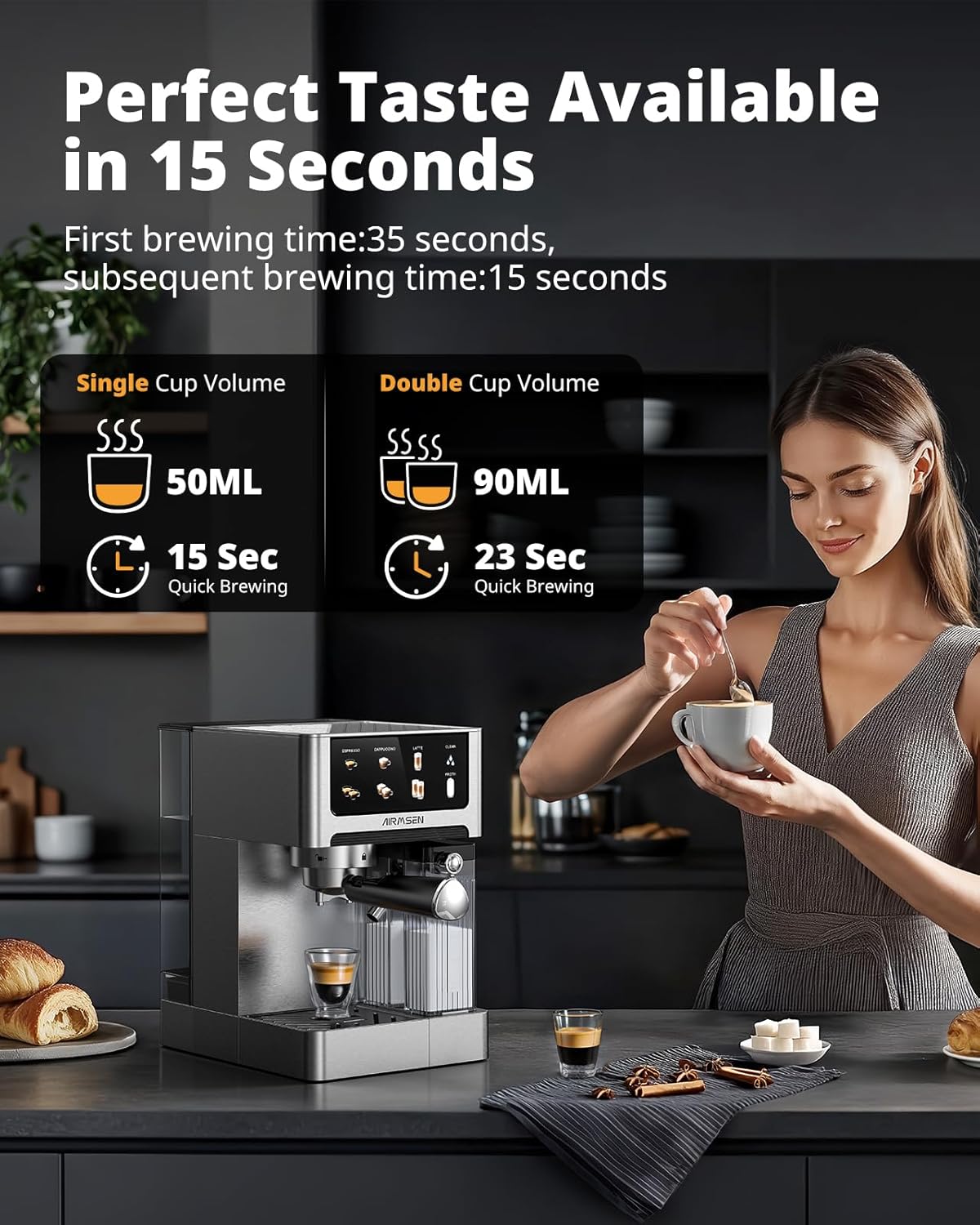 AIRMSEN 20 Bar Espresso Machine with Automatic Milk Frother, Cappuccino & Latte Coffee Maker with Quick Brew Dual Boiler (1350W + 1000W), Stainless Steel, 60oz Water Tank, Touchscreen - Image 3