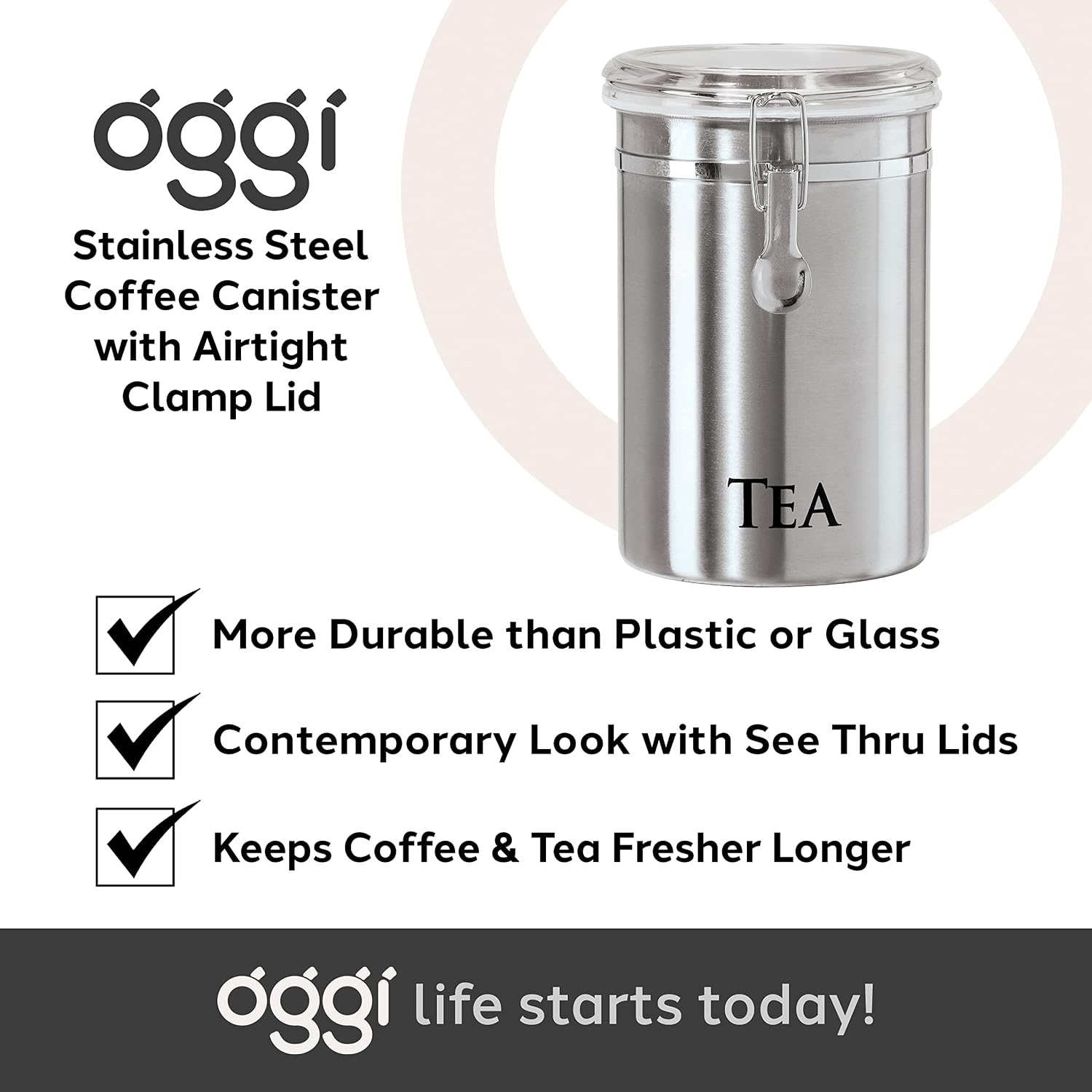 Oggi Stainless Steel Tea Canister 62 fl oz - Airtight Clamp Lid, Clear See-Thru Top - Ideal for Tea Bag, Loose Tea, Kitchen Storage, Pantry Storage. Large Size 5" x 7.5". - Image 7