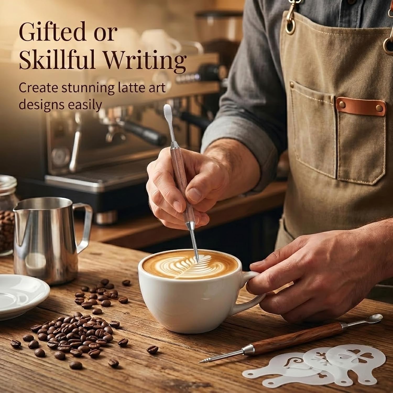 2 Pcs Latte Art Pen with Coffee Art Stencils, Coffee Drawing Tool with Wood Handle for Creating Professional Espresso Tools for Home & Cafe Use - Image 4