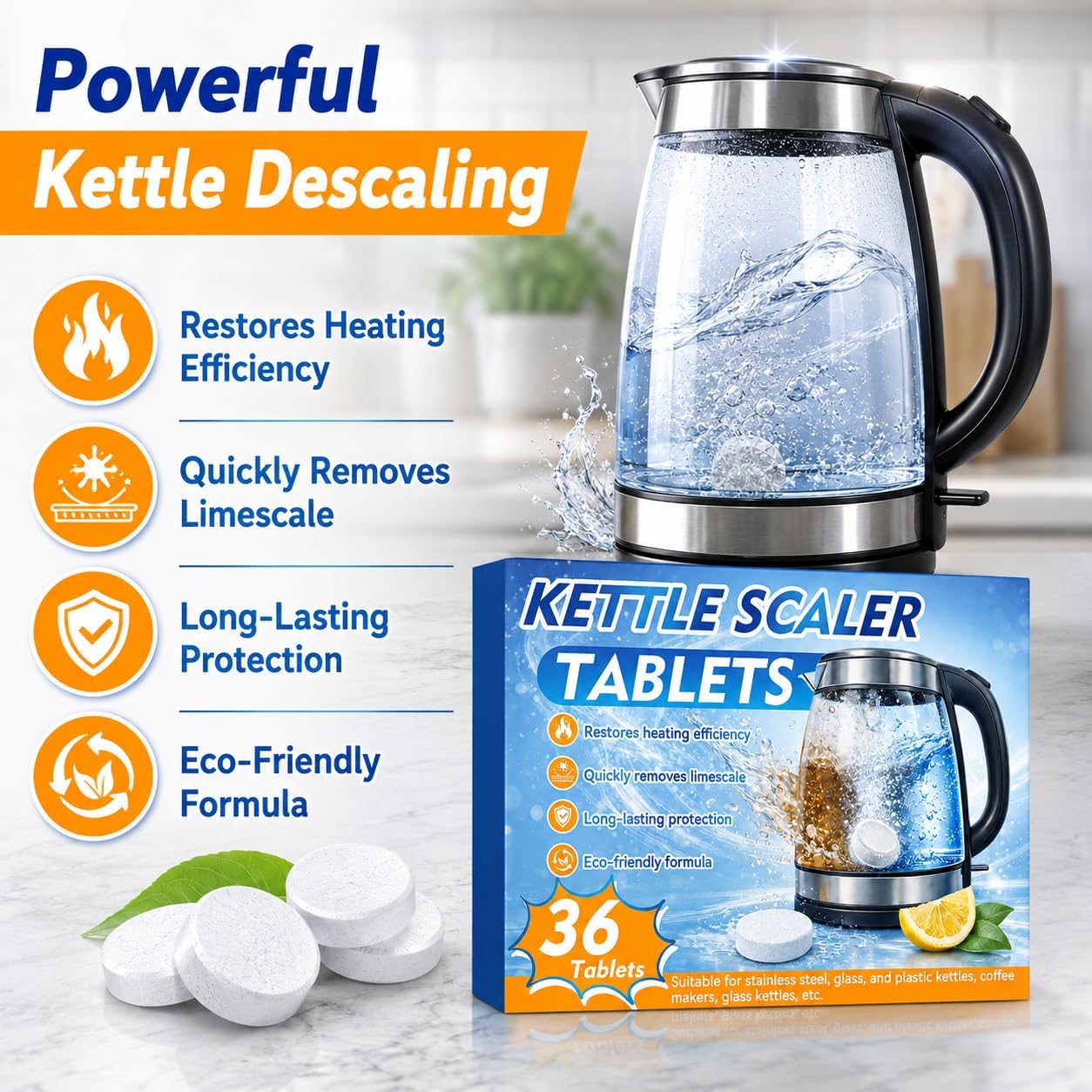 Kettle Descaler Tablet 36 Pcs, Citric Acid Limescale Remover for Kettles, Coffee Makers, Irons and Shower Heads, Powerful Descaling Tablets for Home Appliances - Image 5