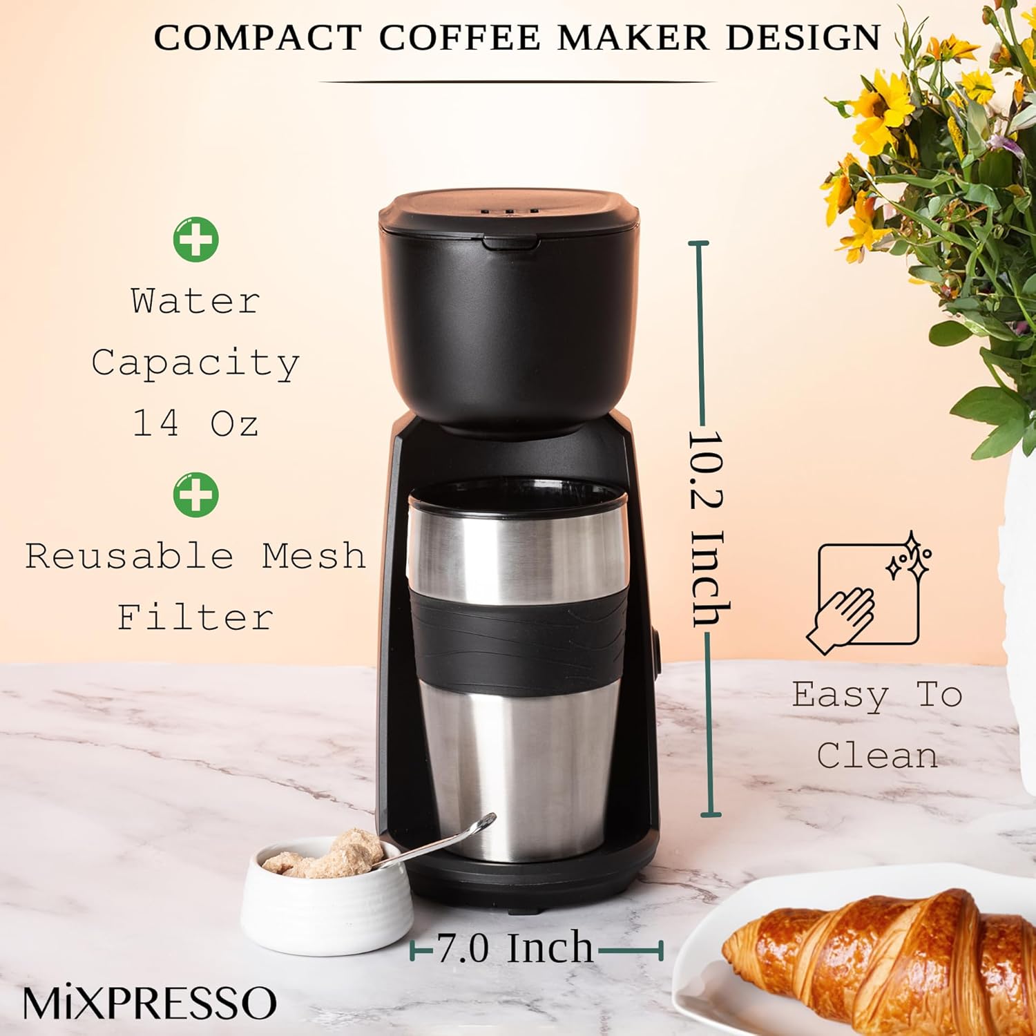 Mixpresso Personal Single Serve Coffee Maker & 14oz Travel Mug, Drip Small Coffee Maker & Tumbler, Auto Shut Off & Reusable Filter, Compatible with Coffee Grounds - Image 3