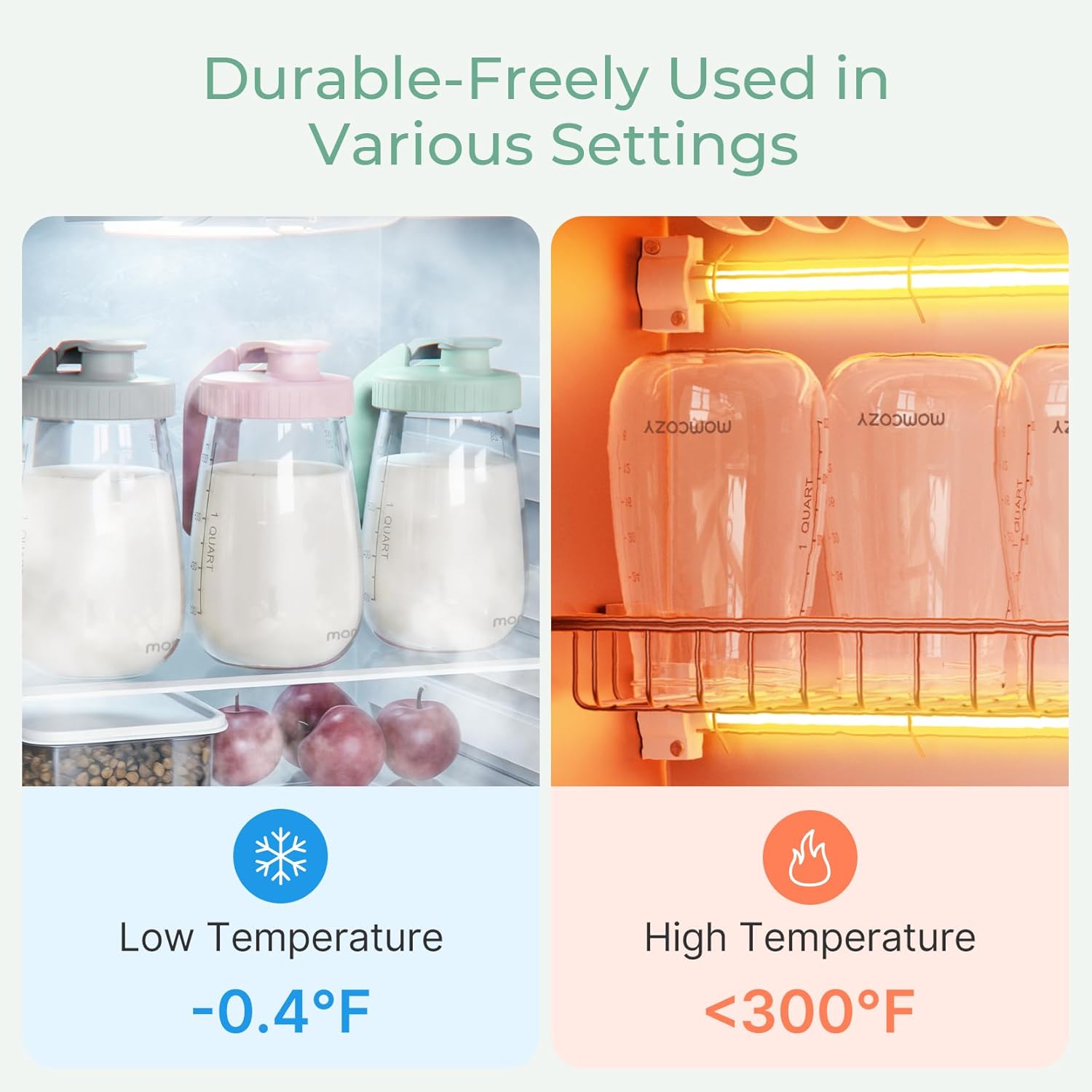 Momcozy Breast Milk Pitcher, Resistant to Heat and Cold Abrupt Temp Swings, No Leak Glass Breast Milk Fridge Storage Container with Wide Mouth, Fast Baby Formula Maker, Green - Image 4