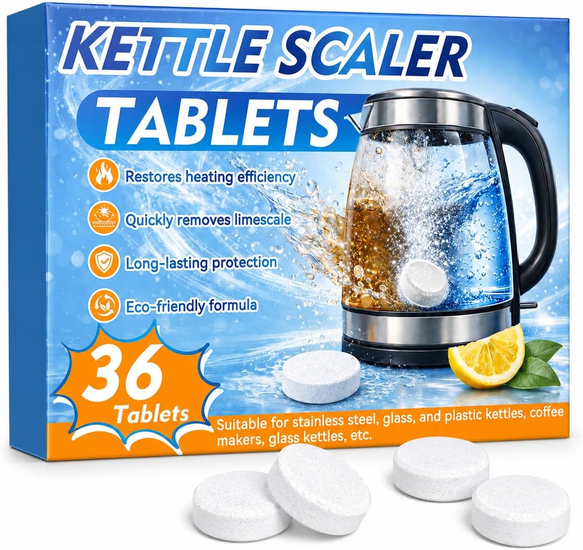Kettle Descaler Tablet 36 Pcs, Citric Acid Limescale Remover for Kettles, Coffee Makers, Irons and Shower Heads, Powerful Descaling Tablets for Home Appliances