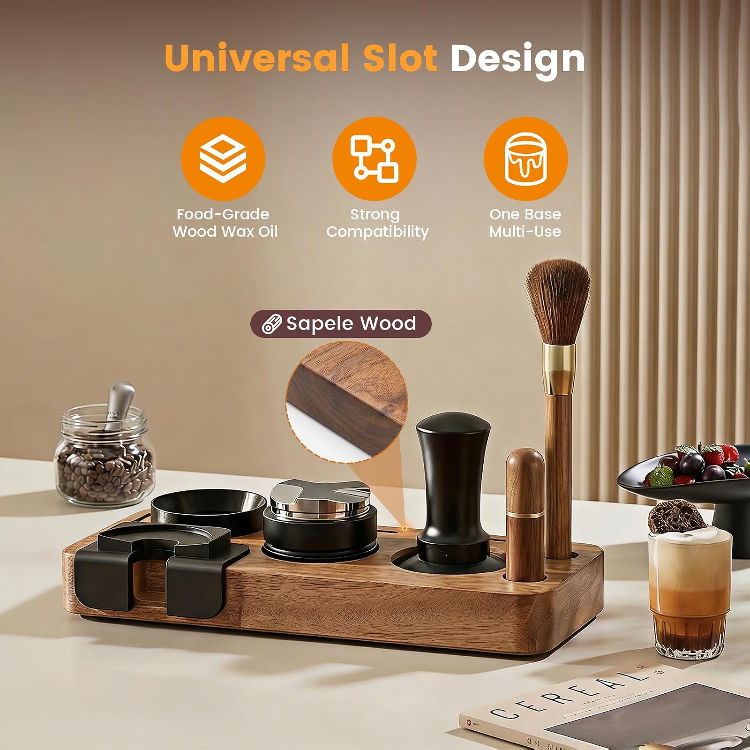 28-Piece 51mm Espresso Accessories Kit with Wood Tamping Station | Wood tamping station with tamper, distributor, WDT tool, dosing funnel, milk pitcher, puck screen and latte art accessories - Image 8