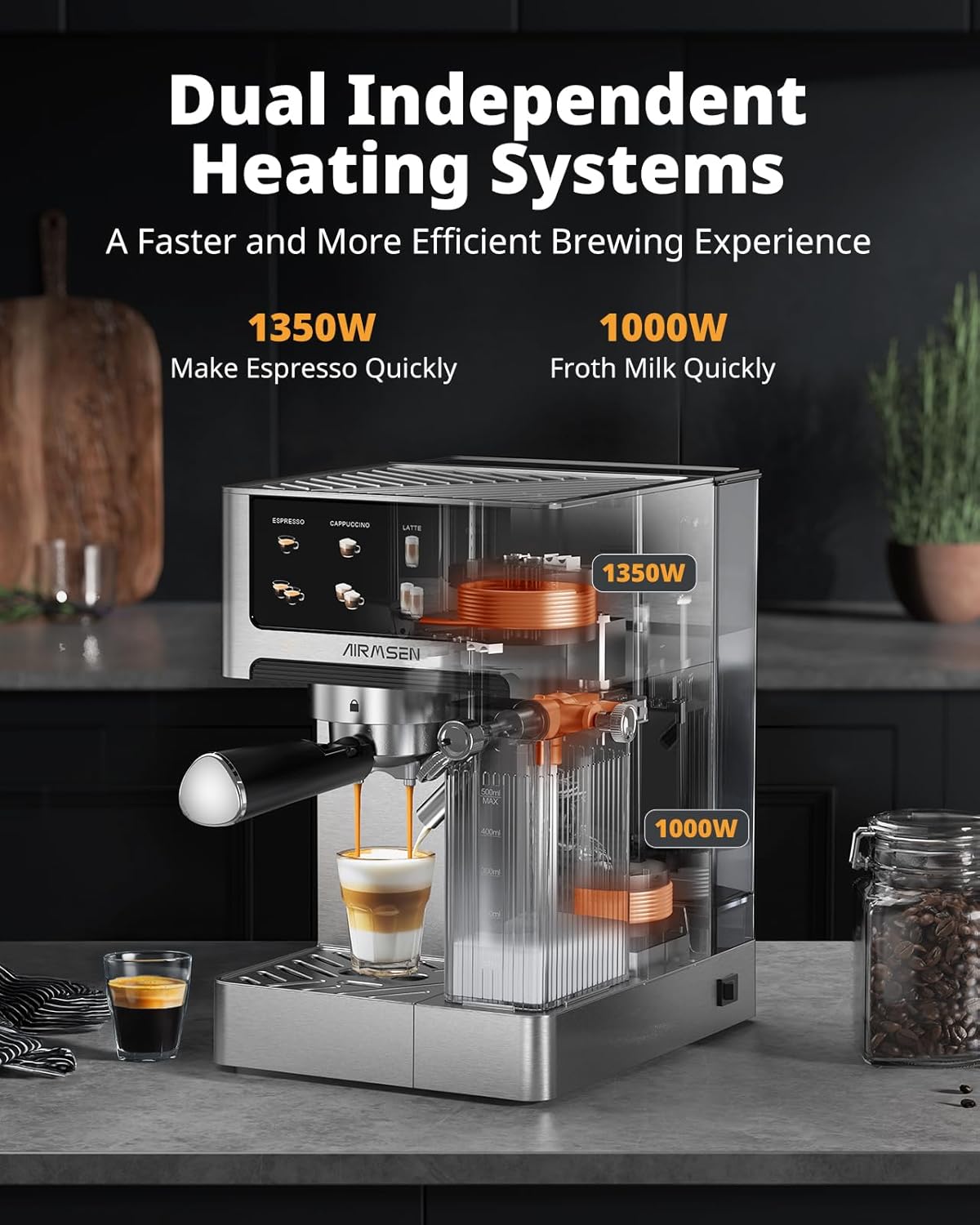 AIRMSEN 20 Bar Espresso Machine with Automatic Milk Frother, Cappuccino & Latte Coffee Maker with Quick Brew Dual Boiler (1350W + 1000W), Stainless Steel, 60oz Water Tank, Touchscreen - Image 2
