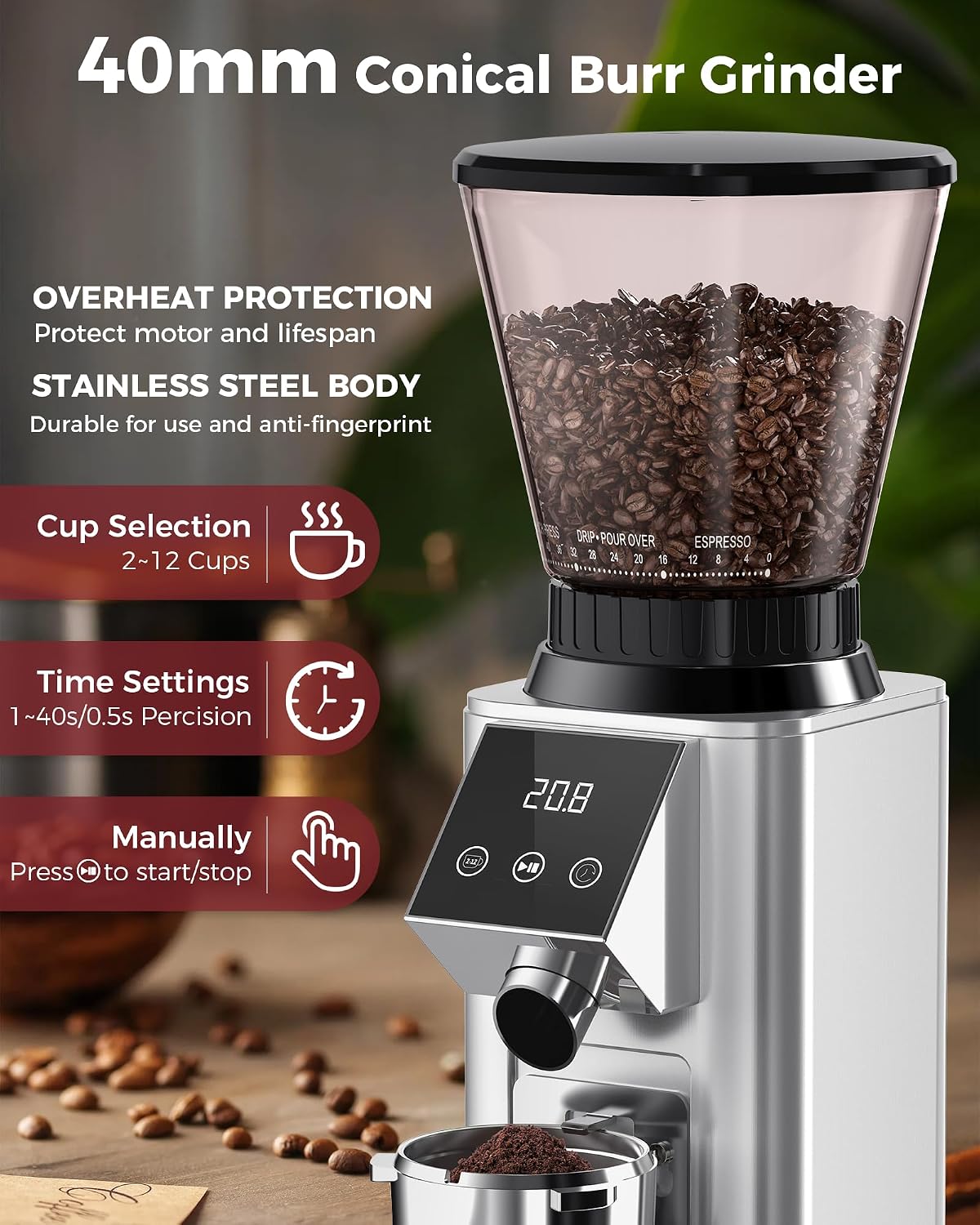 Tuni G1 Silver Conical Burr Coffee Grinder with Black Digital Coffee Scale, 48 Grind Settings Anti-static Coffee Bean Espresso Grinder for Espresso/Drip/Cold Brew/French Press - Image 3