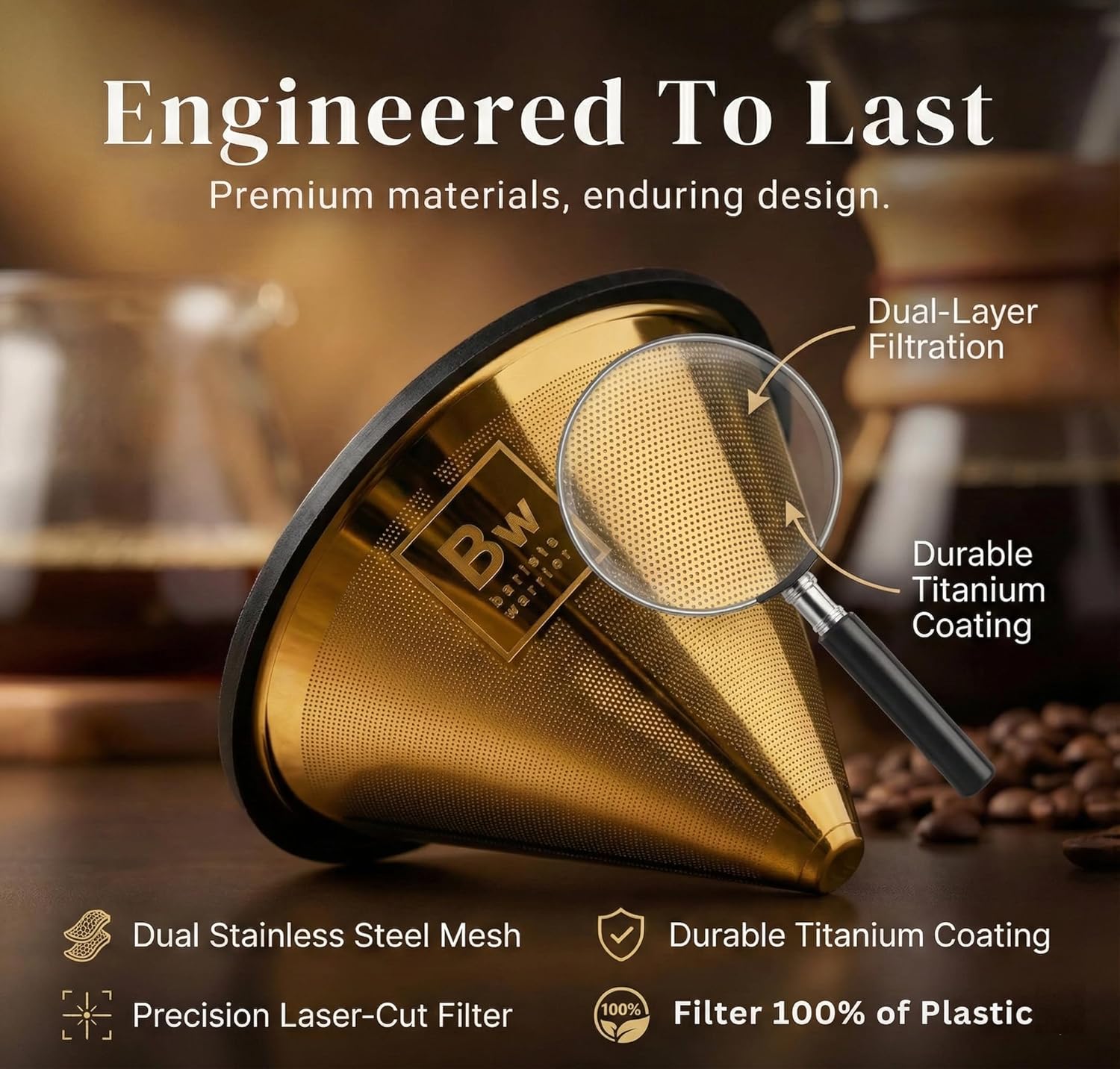 Barista Warrior Reusable Coffee Filter - Stainless Steel Pour Over Dripper, Compatible for Chemex, Hario V60 & Drippers, Easy to Clean Flavorful Brew Fine Mesh Coffee Filter - Gold Titanium Coated - Image 9
