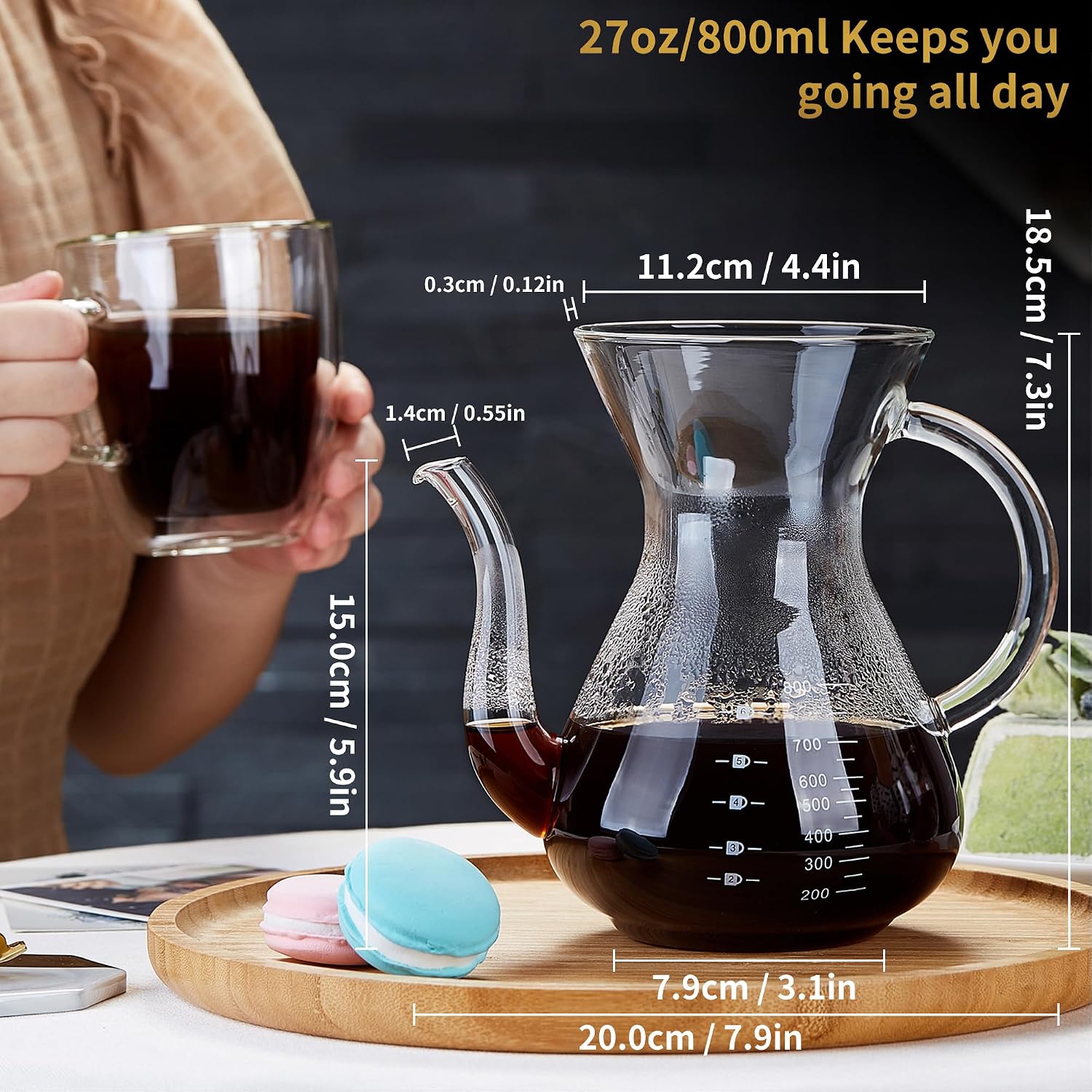 Unbreakable - Pour Over Coffee Maker with Double Stainless Filter 27 fl oz, Thickened Heat-Resistant Borosilicate Glass Pour Over Coffee Dripper, Stovetop Safe - Image 6