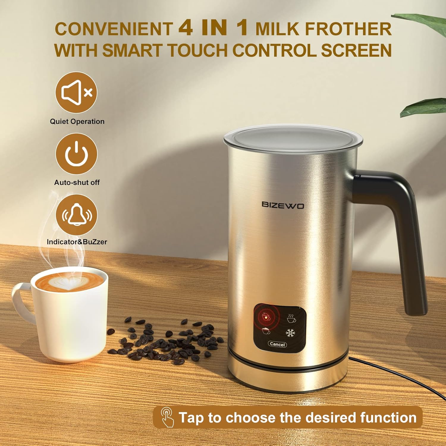 BIZEWO Milk Frother Electric, Warm and Cold Milk Steamer, 4 IN 1 Automatic Milk Warmer Stainless Steel with Touch Screen for Coffee, Latte, Macchiato, Cappuccino, Hot Chocolate - Image 3