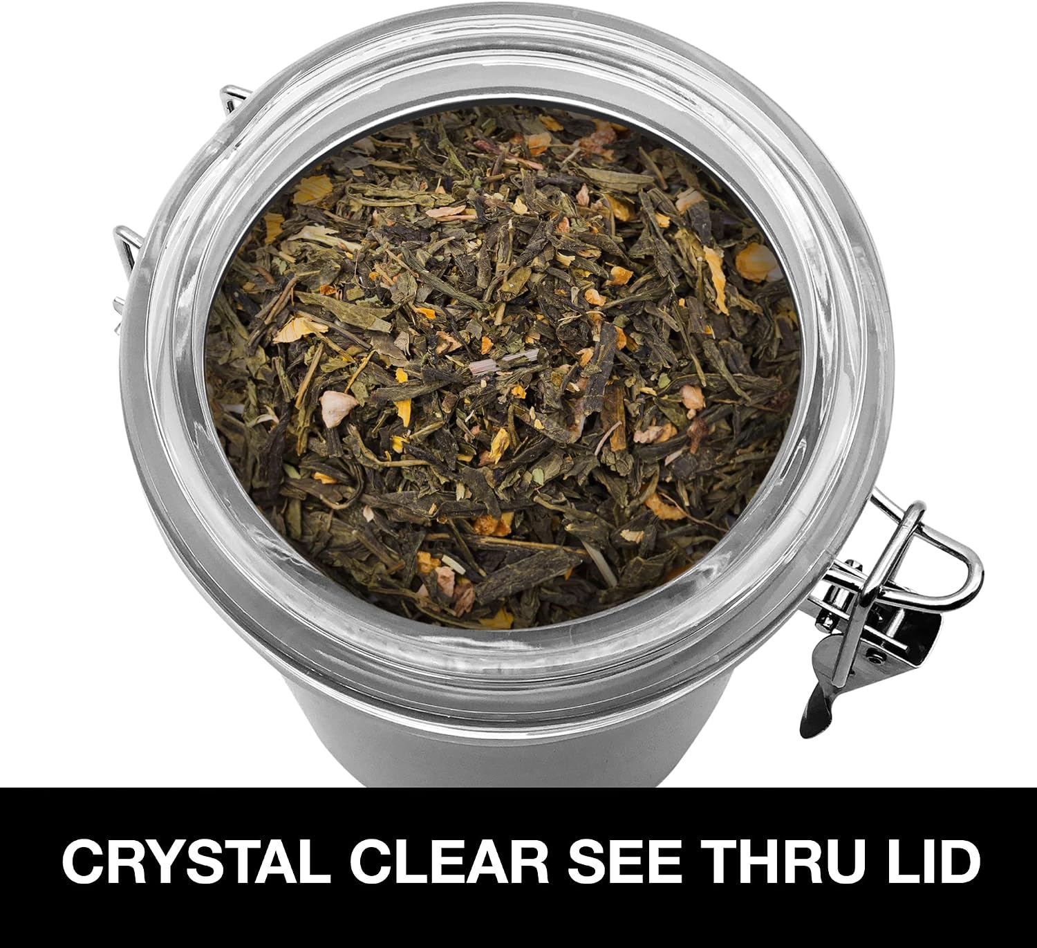 Oggi Stainless Steel Tea Canister 62 fl oz - Airtight Clamp Lid, Clear See-Thru Top - Ideal for Tea Bag, Loose Tea, Kitchen Storage, Pantry Storage. Large Size 5" x 7.5". - Image 4