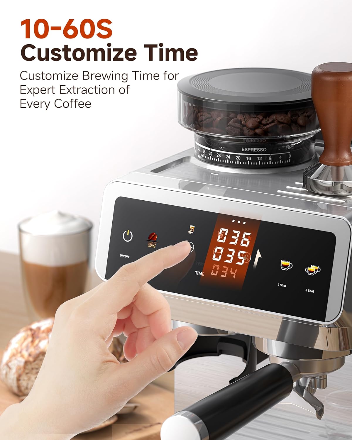 AMZCHEF Espresso Machine With Grinder, 190℉-201℉ Temp Control Coffee machine with 44 Grind Setting, Milk Frother, Touch Screen, Cold Brew, Sliver - Image 7