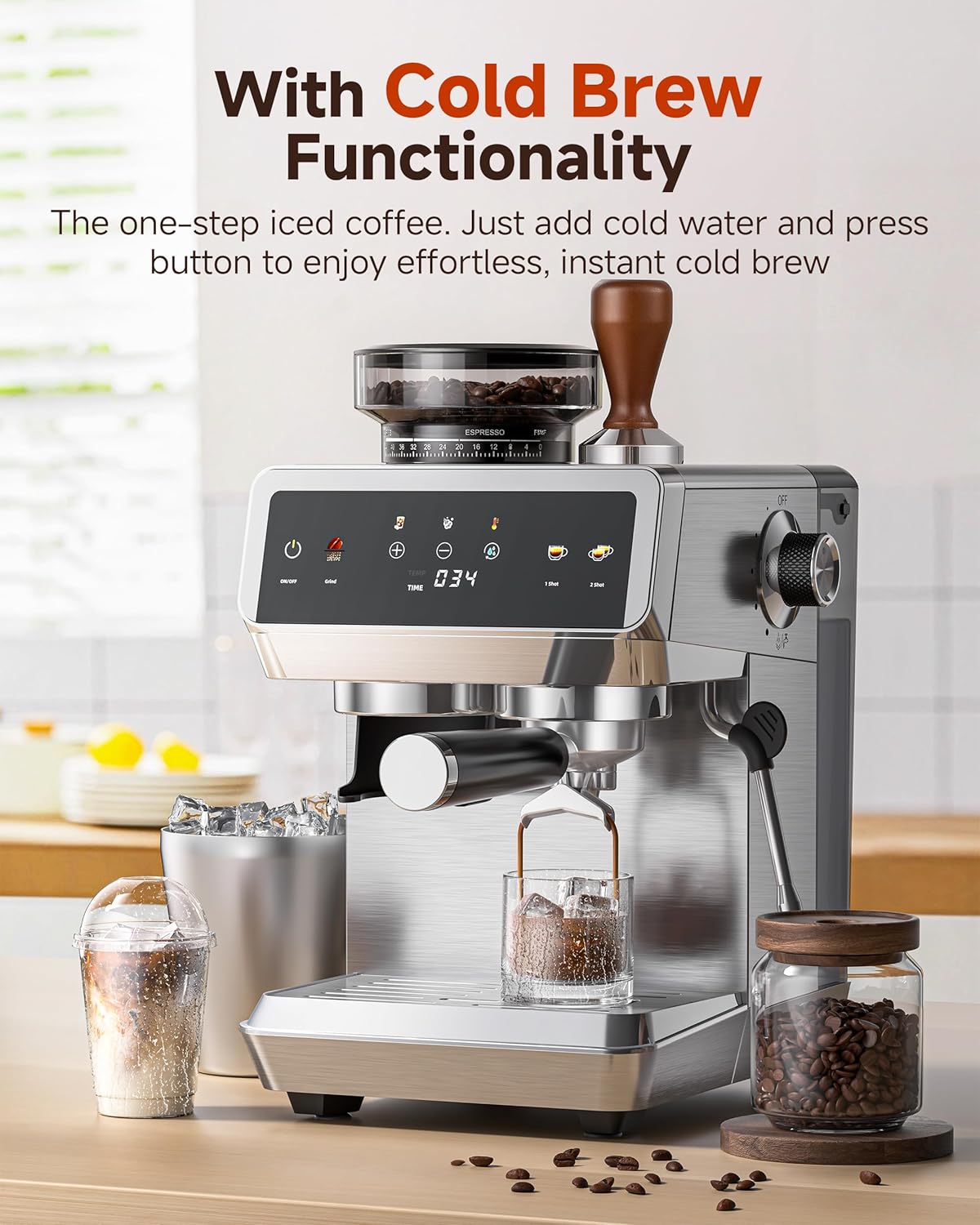 AMZCHEF Espresso Machine With Grinder, 190℉-201℉ Temp Control Coffee machine with 44 Grind Setting, Milk Frother, Touch Screen, Cold Brew, Sliver - Image 5