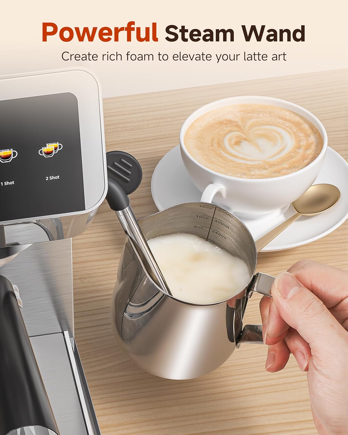 AMZCHEF Espresso Machine With Grinder, 190℉-201℉ Temp Control Coffee machine with 44 Grind Setting, Milk Frother, Touch Screen, Cold Brew, Sliver - Image 9