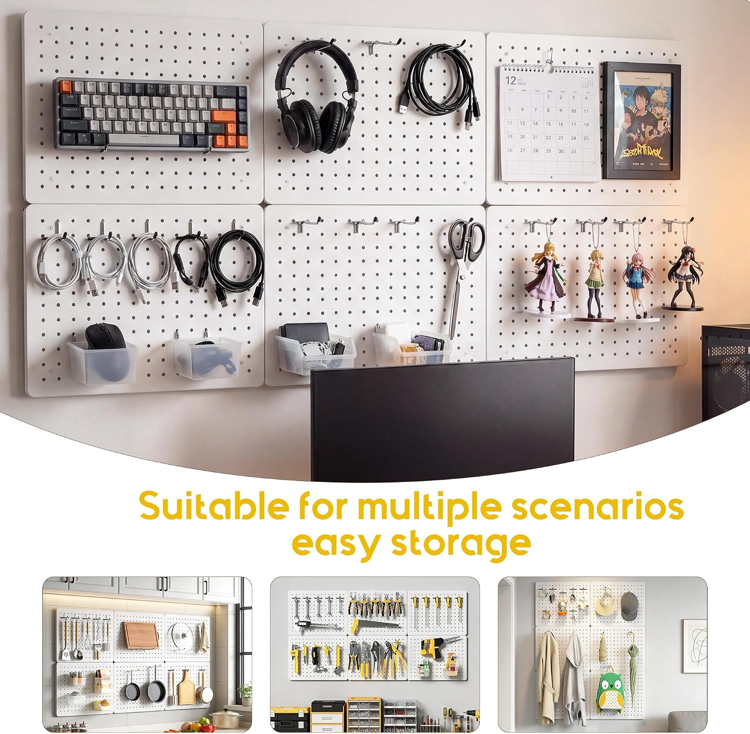 Metal Pegboard for Tools, 6 Pack White Wall Organizer with Hooks | 12"x16" steel panels with 36 hooks, 6 bins and peg locks for garage tools, kitchen, office and craft storage - Image 8