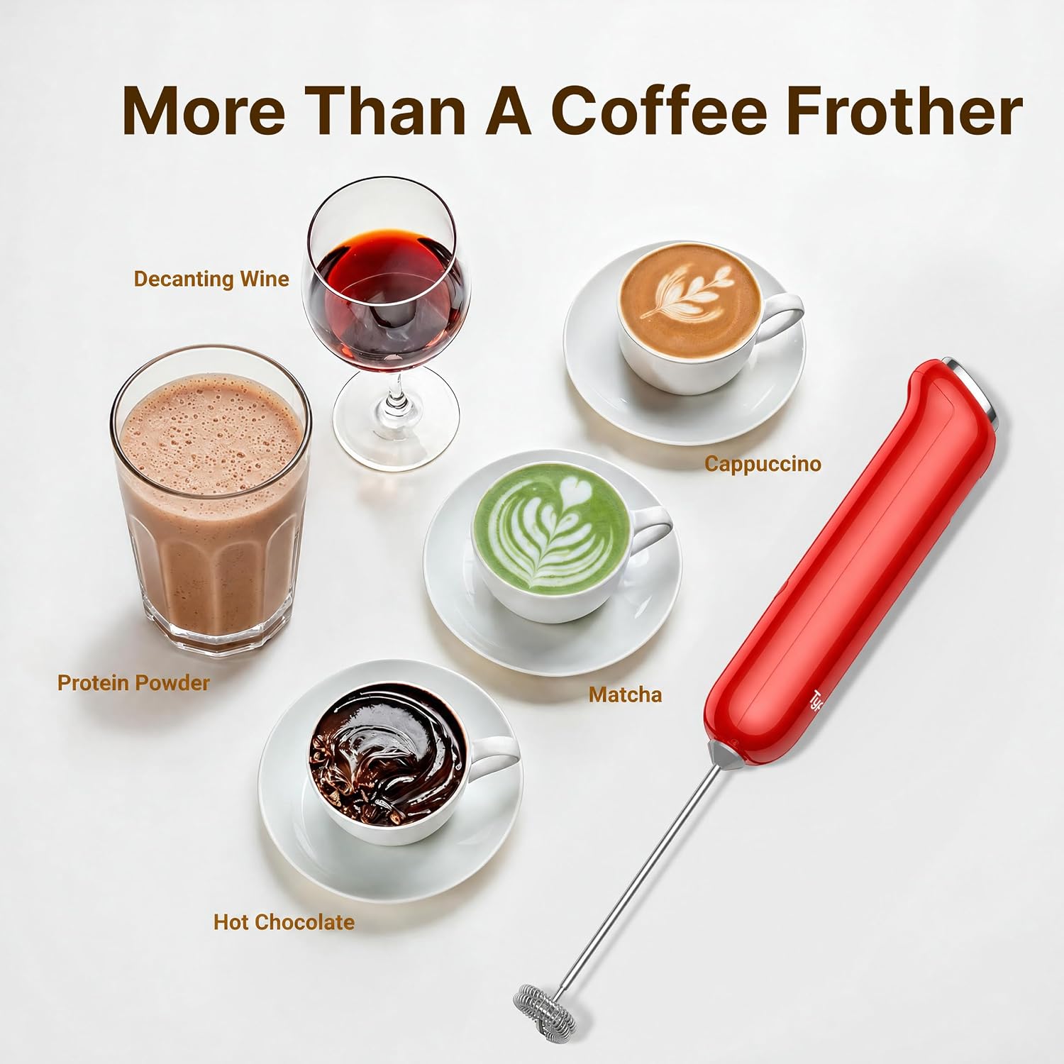 InstaWhisk Milk Frother with Variable Speed, Rechargeable Coffee Frother Wand with Detachable Double Whisk, Handheld Electric Stirrer for Latte, Cappuccino, Matcha, Almond Milk, Protein, Red - Image 4