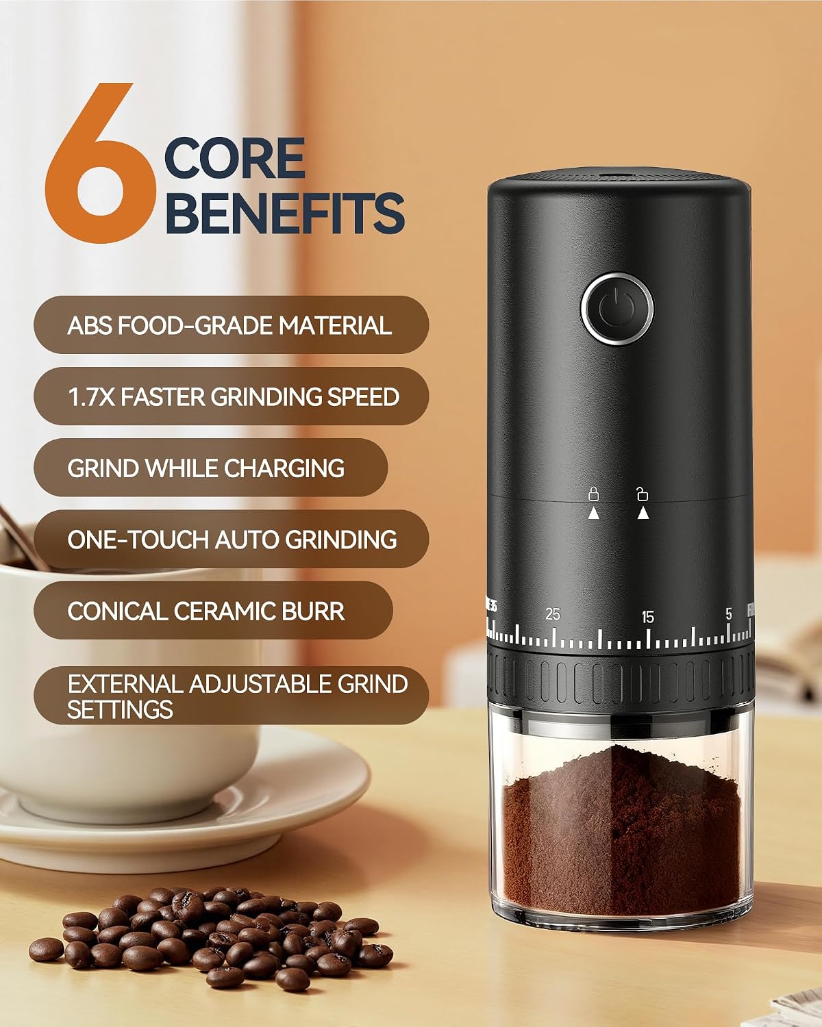 CEVING First Grind-While-Charging Rechargeable Coffee Grinder, 1.7X Faster Grinding with 38 External Adjustable Settings, Conical Ceramic Burrs & 2000mAh Battery, Portable for Travel, Camping, etc. - Image 2