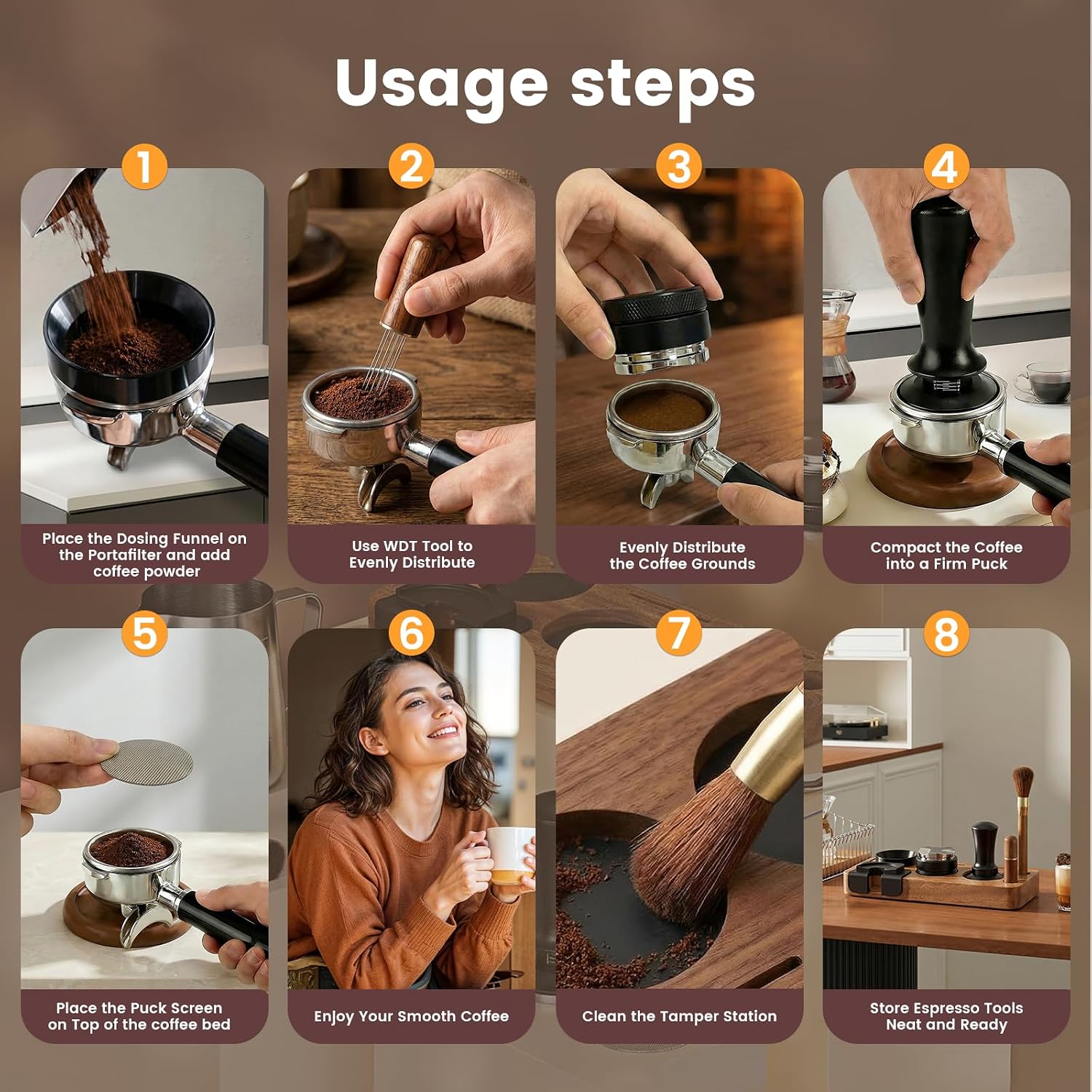 28-Piece 51mm Espresso Accessories Kit with Wood Tamping Station | Wood tamping station with tamper, distributor, WDT tool, dosing funnel, milk pitcher, puck screen and latte art accessories - Image 5