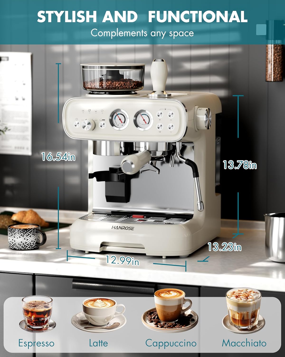 Espresso Machine With Grinder, 20 Bar Espresso Machine with Milk Frother Steam Wand, Espresso Machines for Home, Expresso Coffee Machines Professional, Cappuccino Latte Machine - Image 8