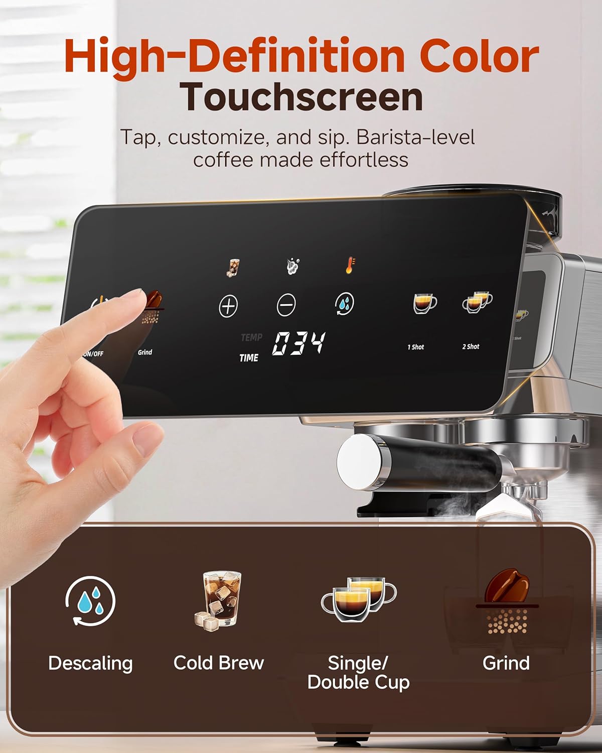 AMZCHEF Espresso Machine With Grinder, 190℉-201℉ Temp Control Coffee machine with 44 Grind Setting, Milk Frother, Touch Screen, Cold Brew, Sliver - Image 4