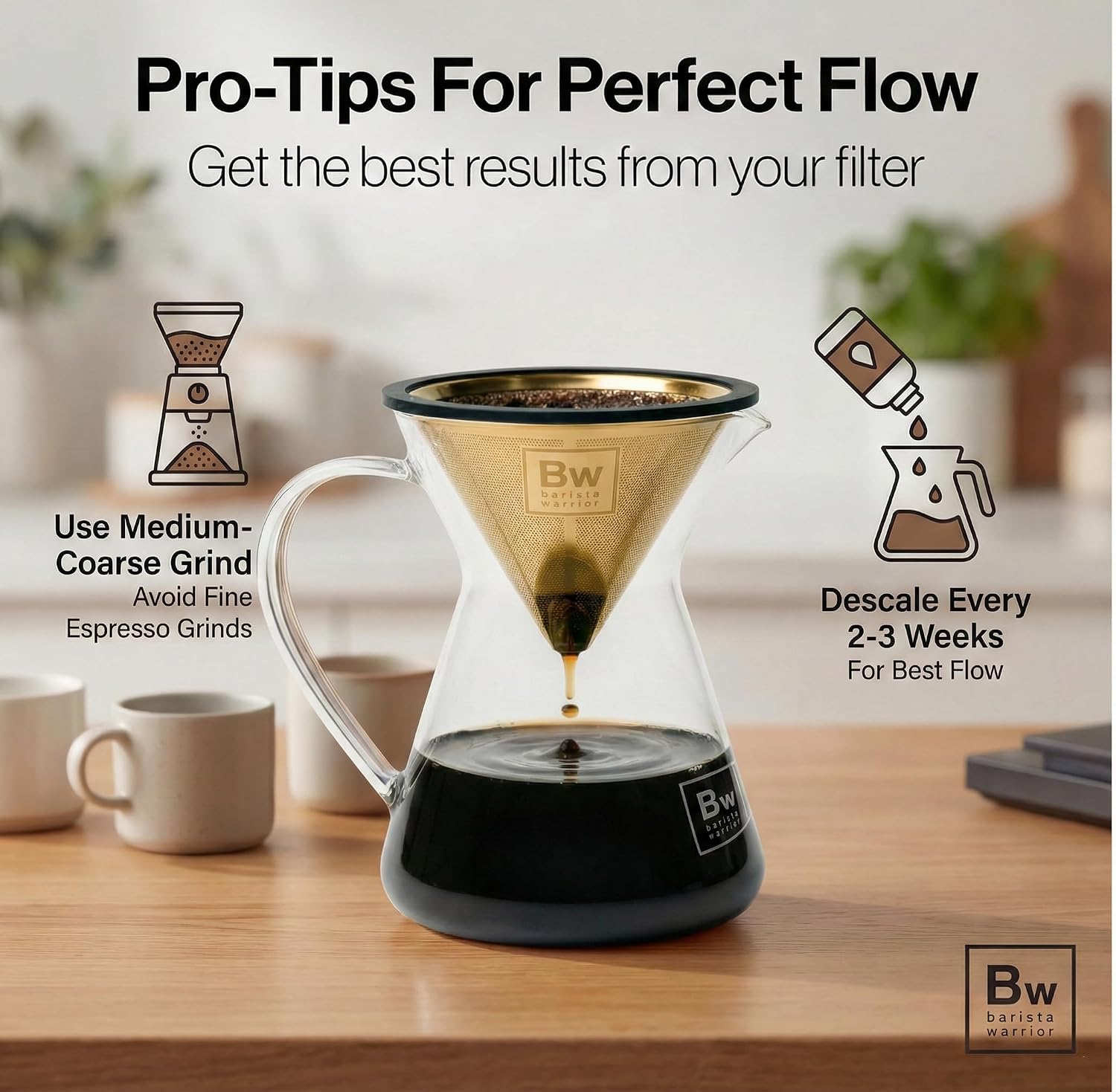 Barista Warrior Reusable Coffee Filter - Stainless Steel Pour Over Dripper, Compatible for Chemex, Hario V60 & Drippers, Easy to Clean Flavorful Brew Fine Mesh Coffee Filter - Gold Titanium Coated - Image 8