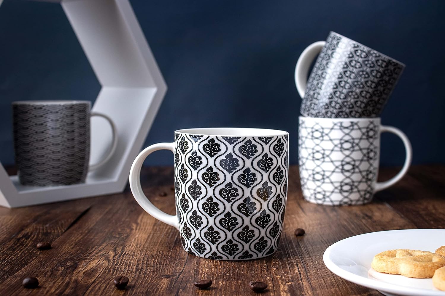 Set of 6 11.5 oz Coffee Mugs with Black and White Geometric Patterns, Ceramic Tea Cup Set - Image 5
