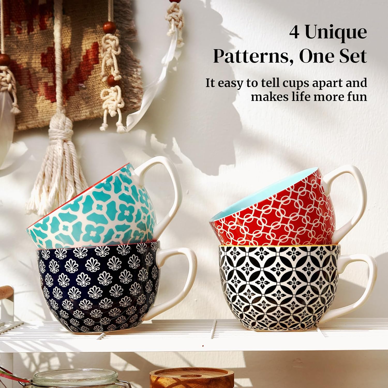 DOWAN Mosaian Soup Mugs, 24oz Large Coffee Mugs Set of 4, Soup Mugs With Handles, Ceramic Mugs for Soup/Coffee/Cereal/Latte, Thanksgiving and Housewarming Gifts for Family and Friends - Image 9