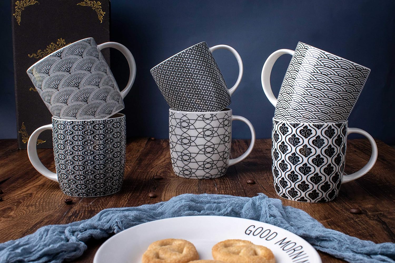 Set of 6 11.5 oz Coffee Mugs with Black and White Geometric Patterns, Ceramic Tea Cup Set - Image 2