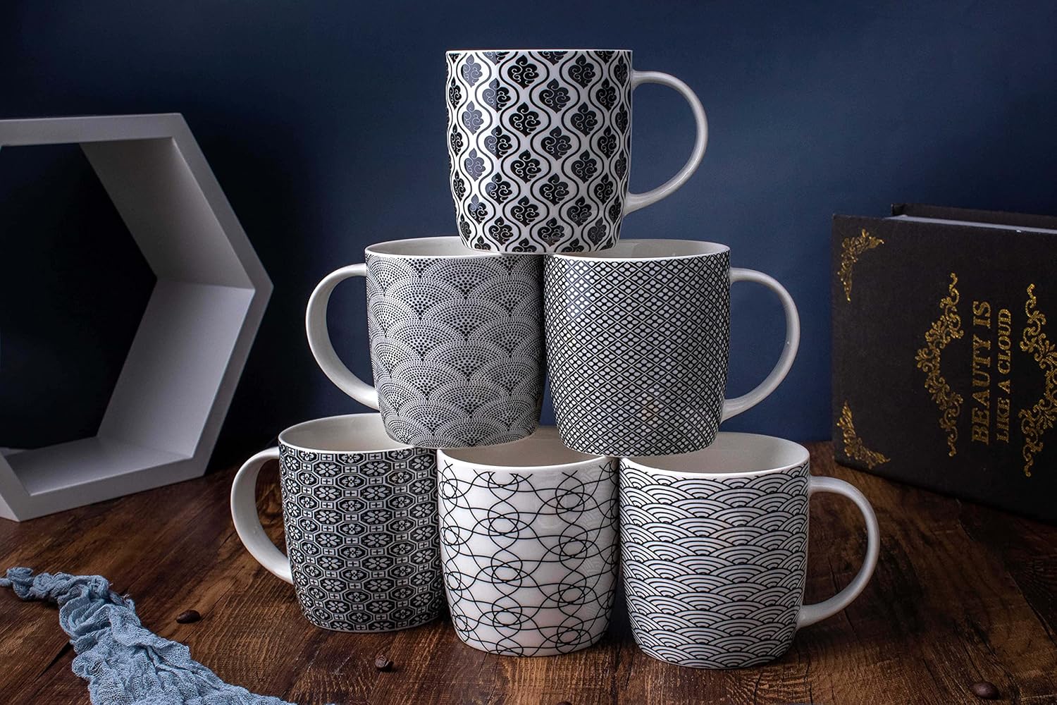 Set of 6 11.5 oz Coffee Mugs with Black and White Geometric Patterns, Ceramic Tea Cup Set - Image 6