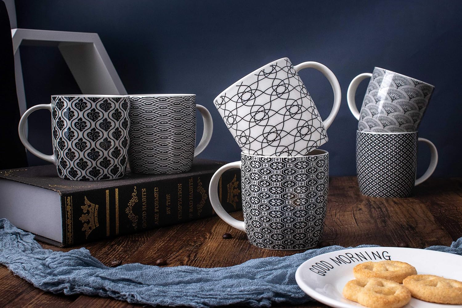 Set of 6 11.5 oz Coffee Mugs with Black and White Geometric Patterns, Ceramic Tea Cup Set - Image 3