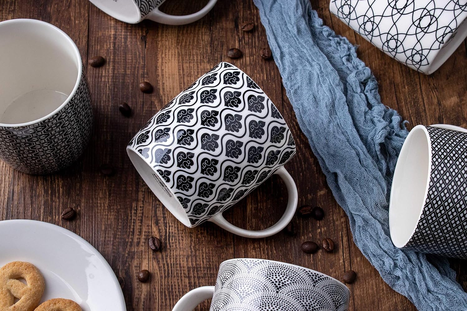 Set of 6 11.5 oz Coffee Mugs with Black and White Geometric Patterns, Ceramic Tea Cup Set - Image 4